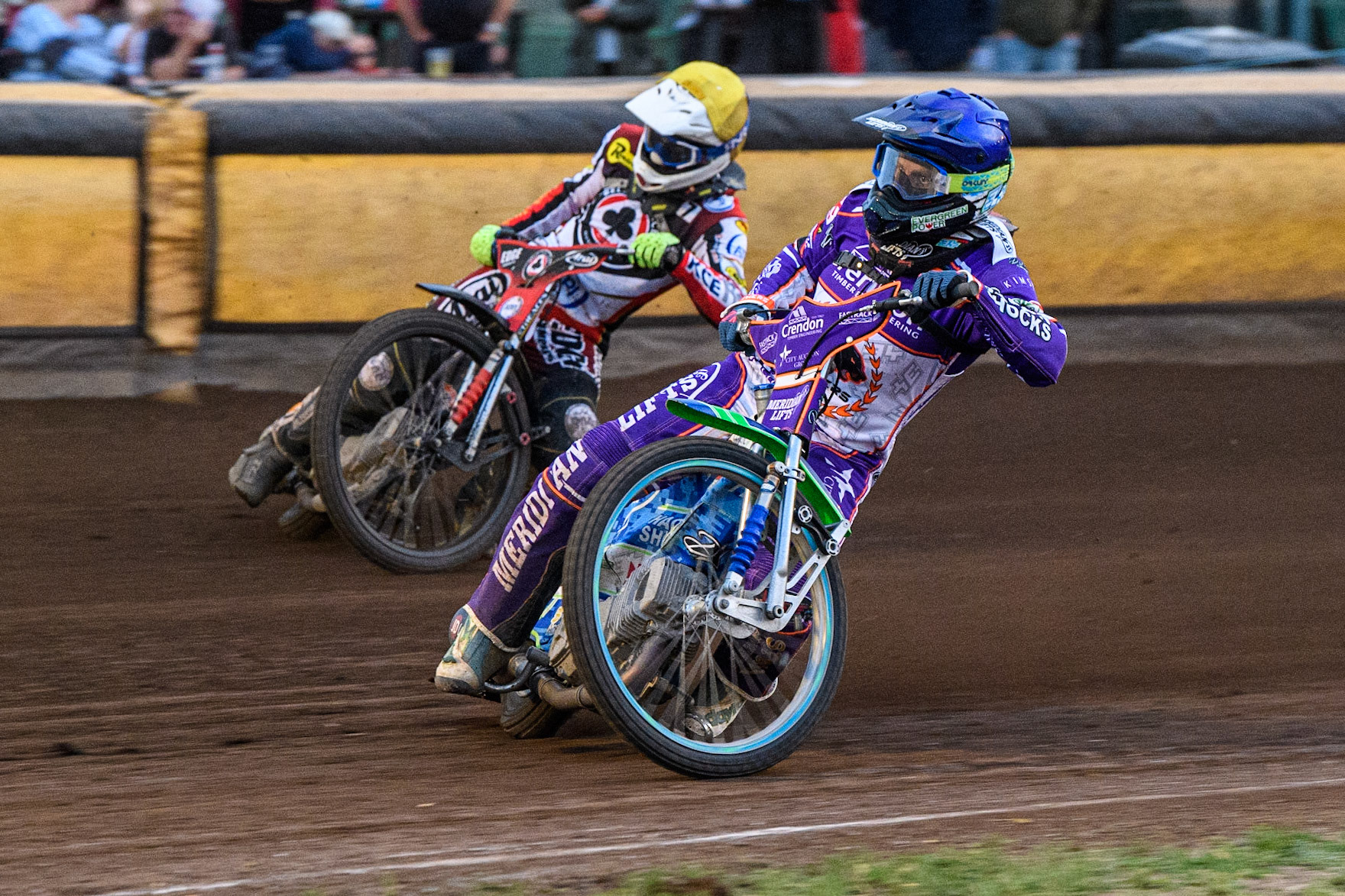 Jordan Jenkins (Blue) inside Jake Mulford  (Yellow) during the Sports Insure Premiership match between Peterborough and Belle Vue Aces at East of England Showground, Peterborough on Monday 26th June 2023. (Photo: Ian Charles | MI News)