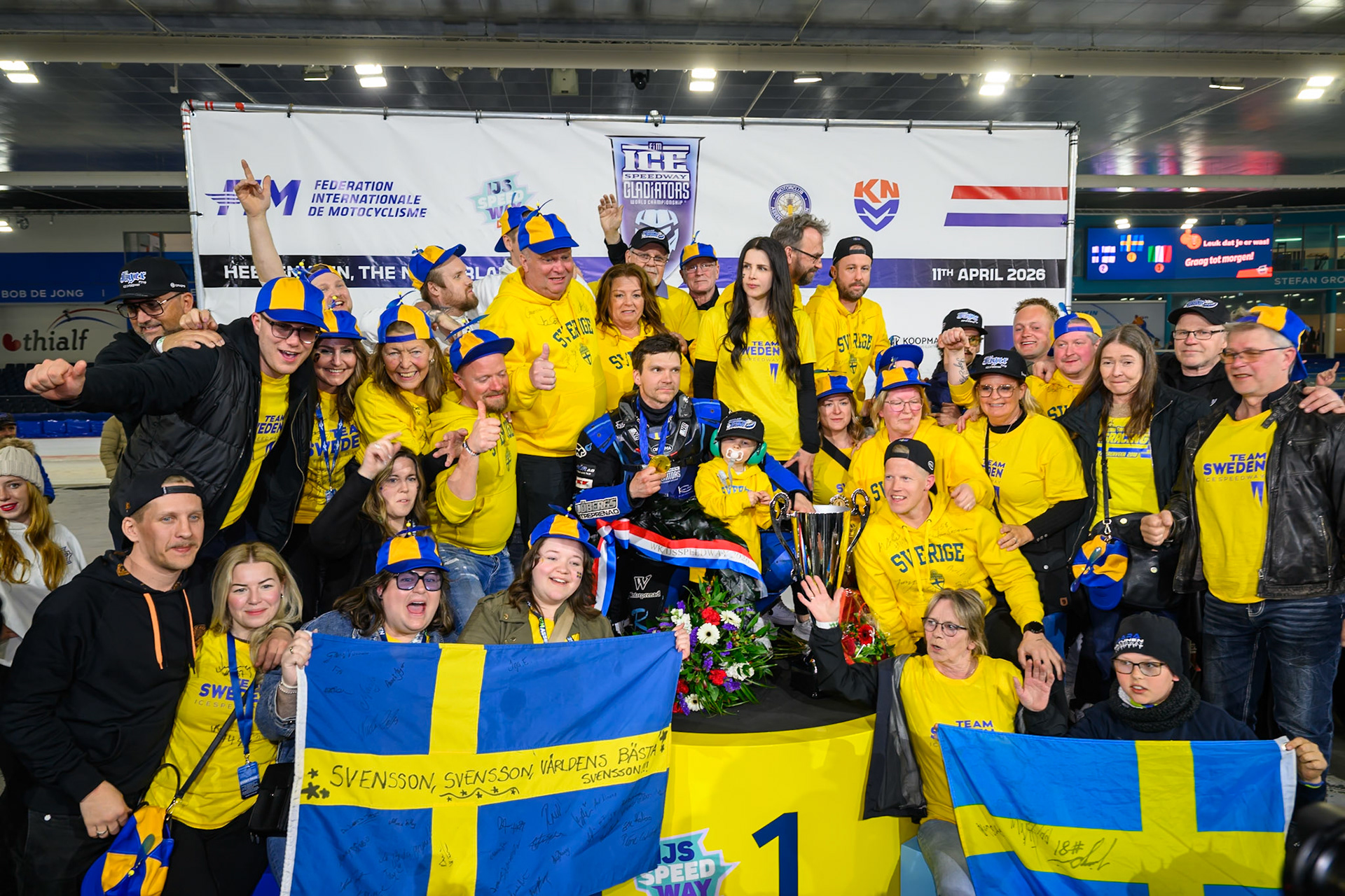 Niclas Svensson (192) of Sweden  with the Swedish Fans during the FIM Ice Speedway Gladiators World Championship Final 3 at Ice Rink Thialf, Heerenveen on Saturday 11th April 2026. (Photo: Ian Charles | MI News)