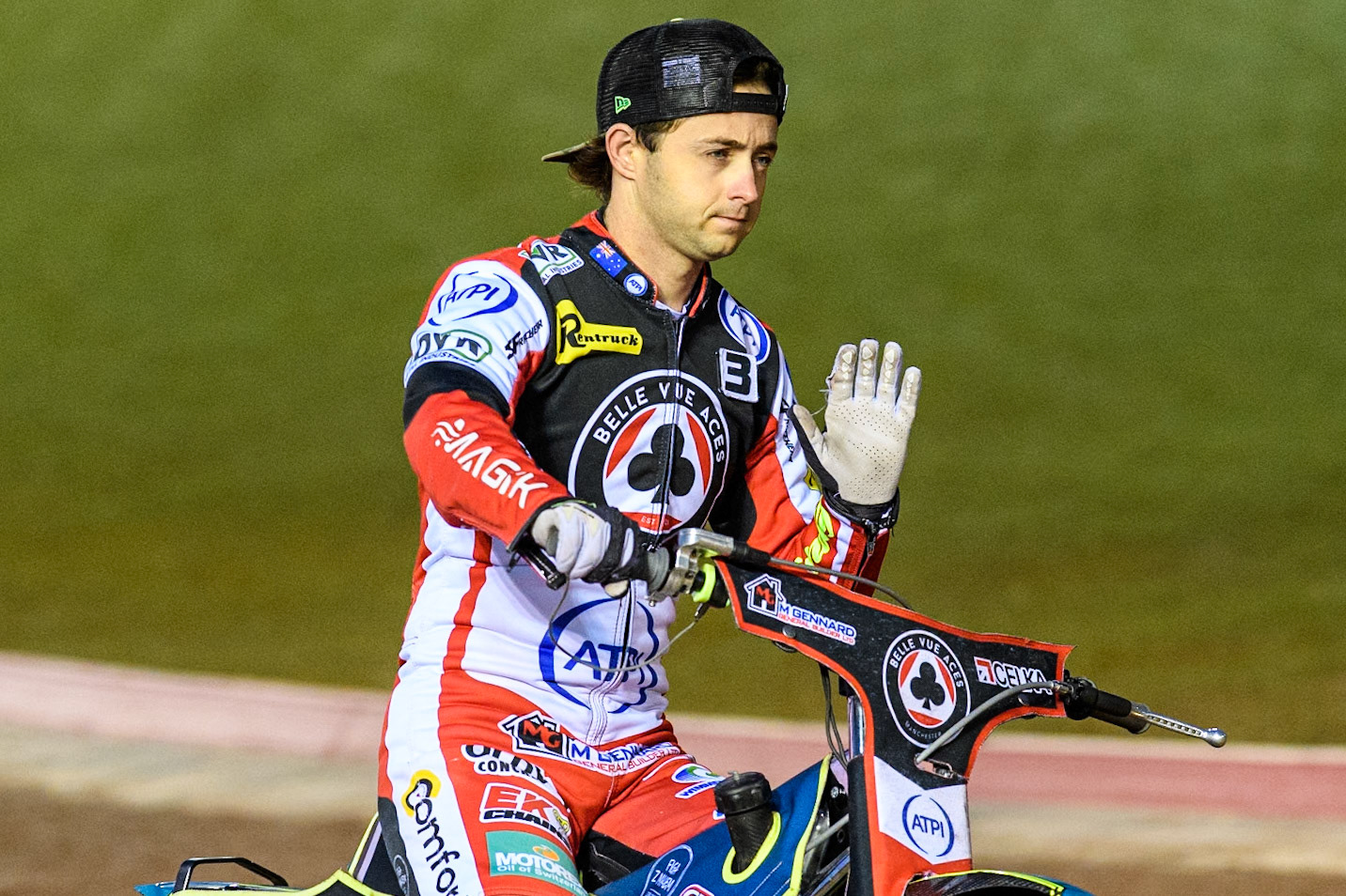 Belle Vue Aces' Jaimon Lidsey on the parade lap during the Rowe Motor Oil Premiership Play Off Semi Final 2, 1st Leg match between Belle Vue Aces and Sheffield Tigers at the National Speedway Stadium, Manchester on Monday 16th September 2024. (Photo: Ian Charles | MI News)