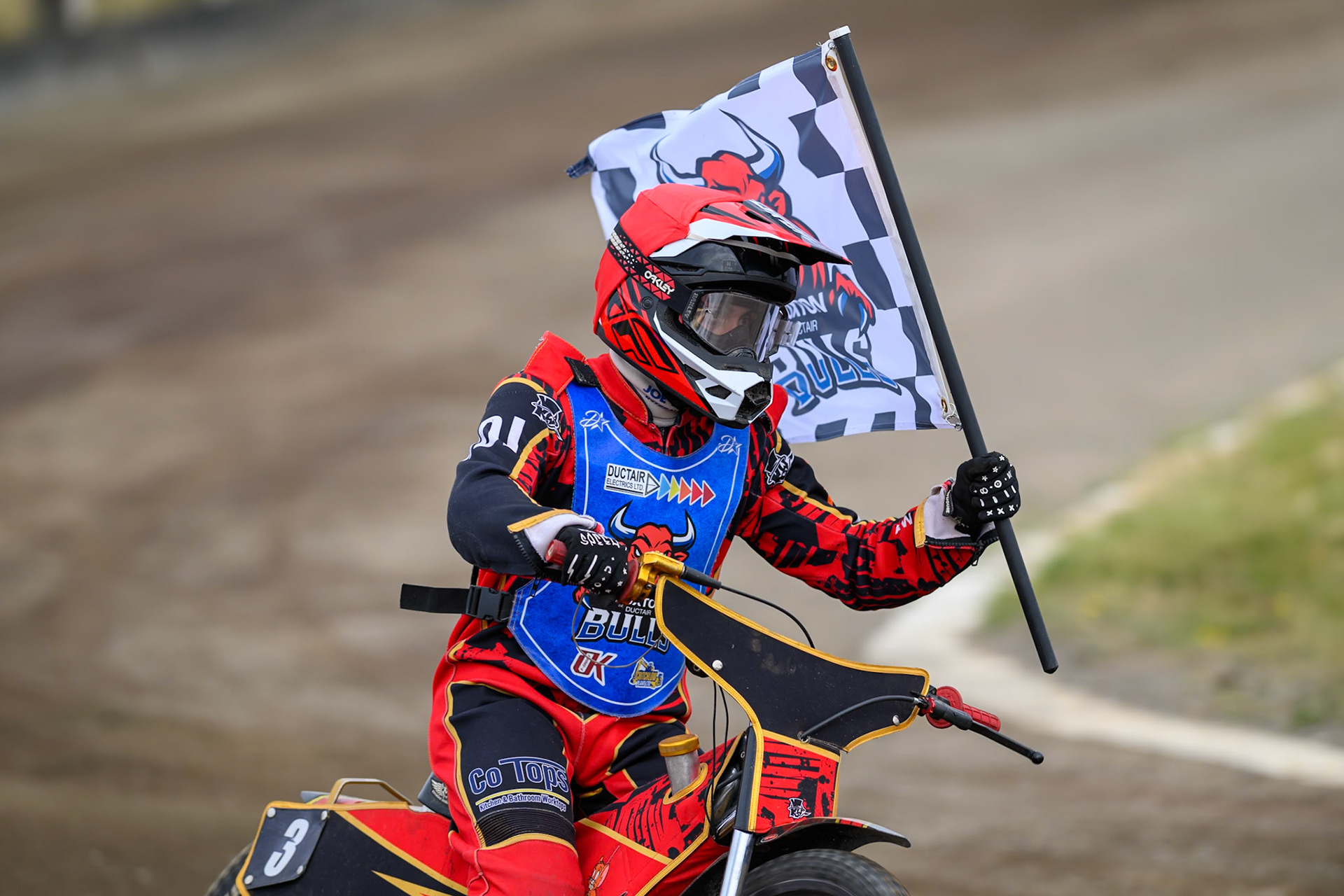 Luke Harris of Buxton Bulls  after his heat 3 win with the Bulls Flag during the WSRA National Development League match  between Buxton Bulls and Middlesborough Tigers at Hi-Edge Speedway, Buxton on Sunday 16th August 2026. (Photo: Ian Charles | MI News)