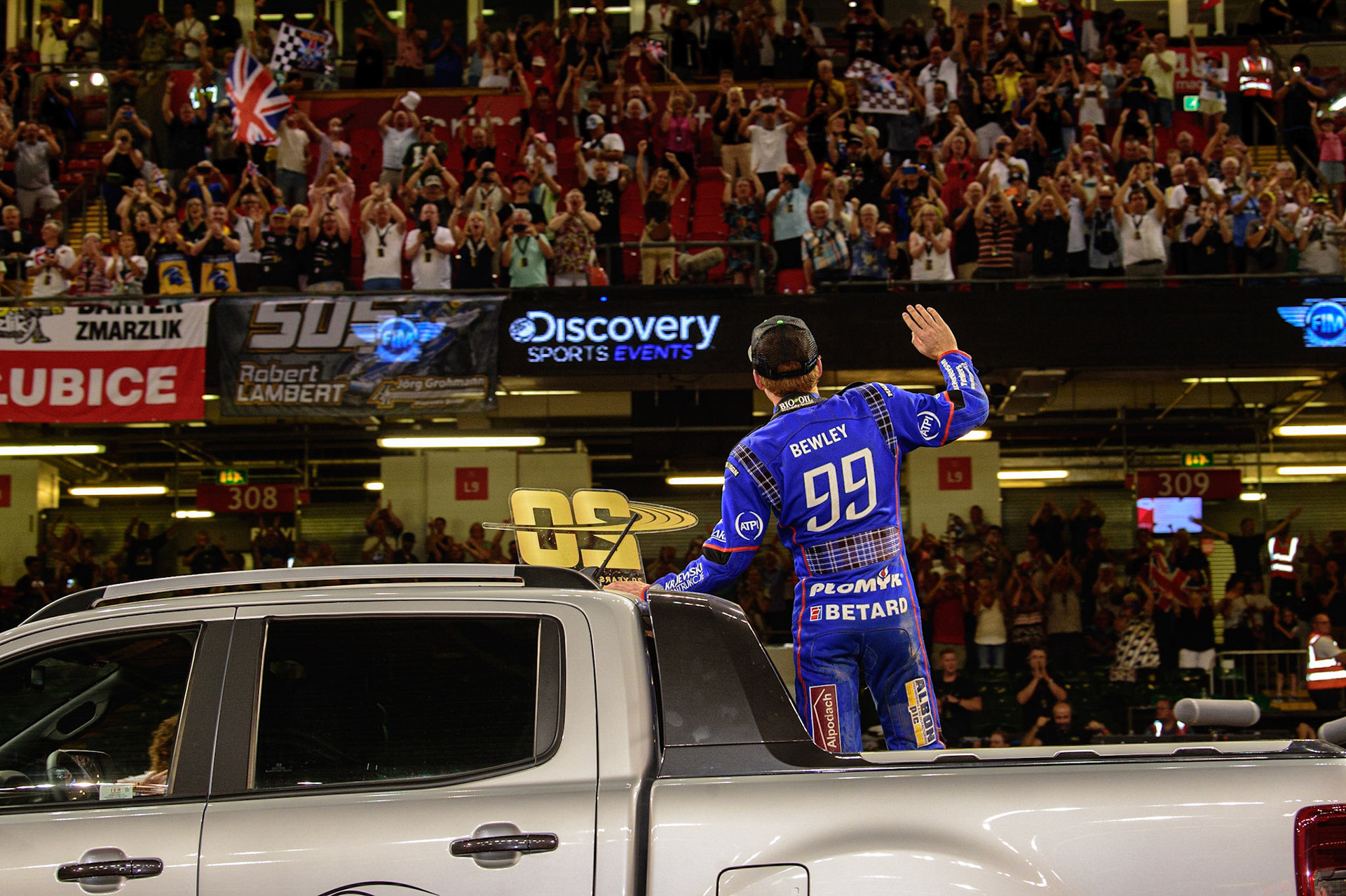 Dan Bewley (99) waves to the crowd on the lap of honour during the FIM  Speedway Grand Prix of Great Britain at the Principality Stadium, Cardiff on Saturday 13th August 2022. (Credit: Ian Charles | MI News