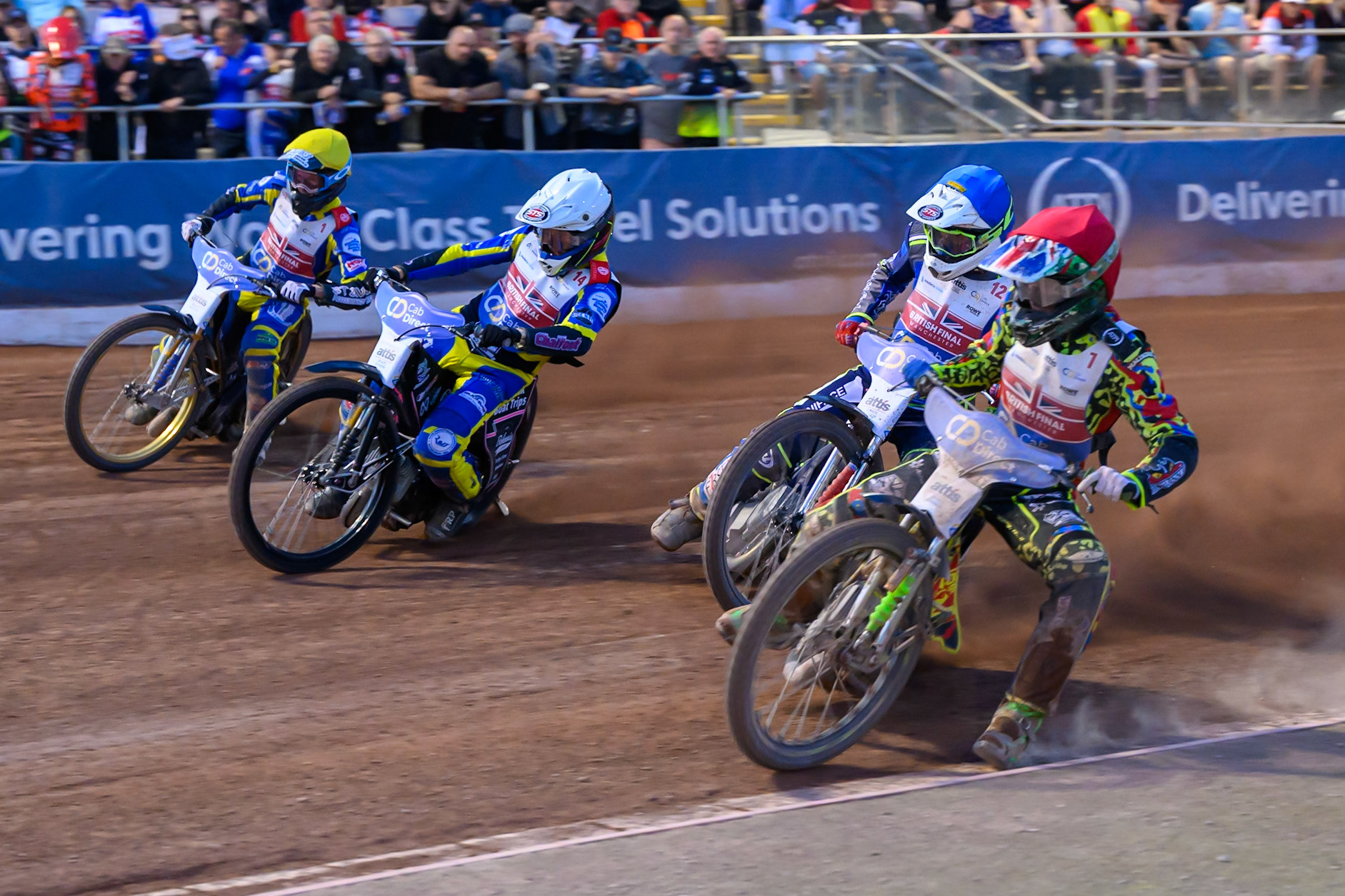 Will Cairns (7) in Red rides inside Jake Mulford (12) in Blue , Leon Flint (14) in White  and Anders Rowe (1) in Yellow  during the Cab Direct British Speedway Championship Final at the National Speedway Stadium, Manchester on Saturday 15th August 2026. (Photo: Ian Charles | MI News)