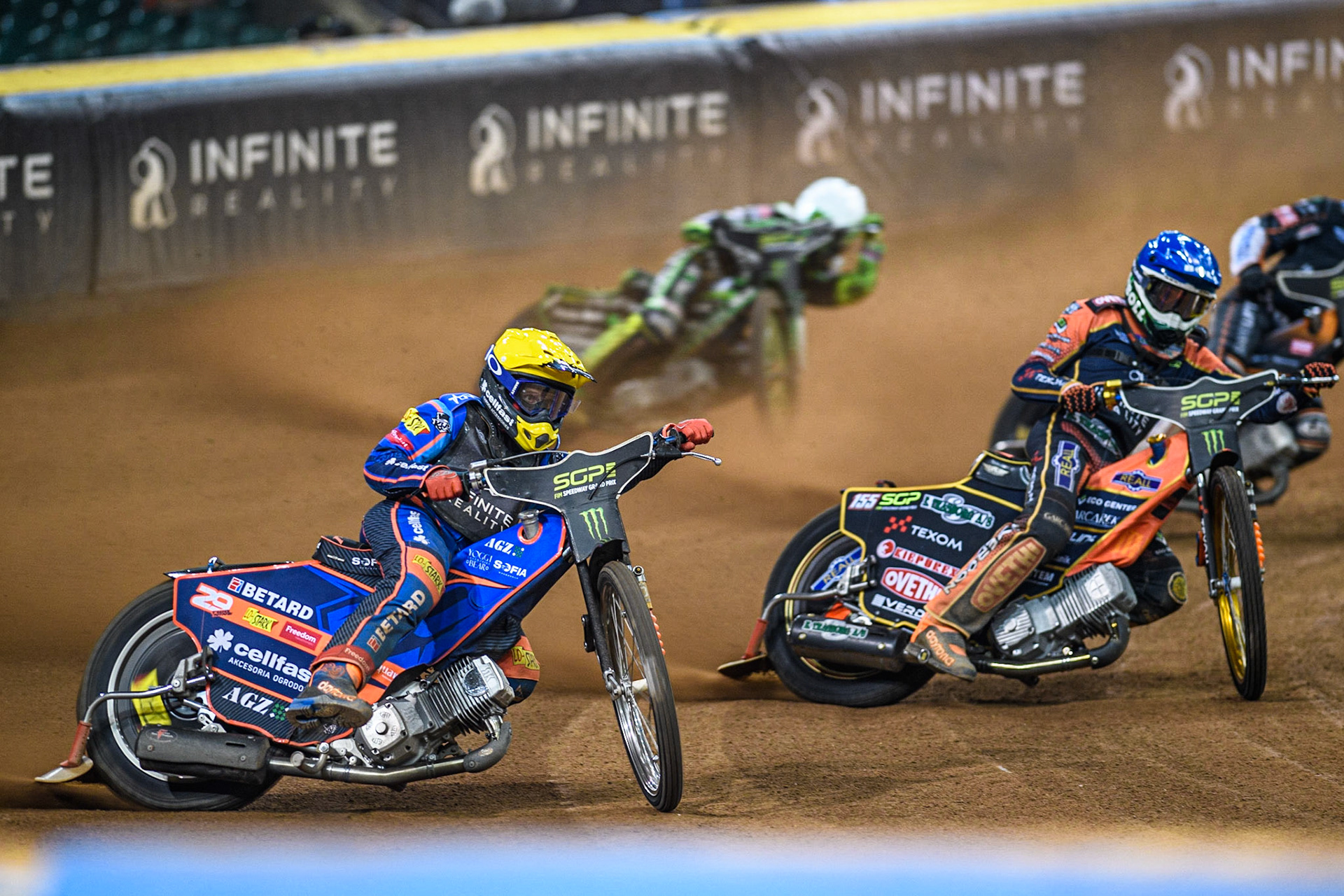 Andzejs Lebedevs (29) (Yellow) leads  Mikkel Michelsen (155) (Blue) and Patryk Dudek (692) (White) during the FIM Speedway Grand Prix of Great Britain at the Principality Stadium, Cardiff on Saturday 2nd September 2023. (Photo: Ian Charles | MI News)