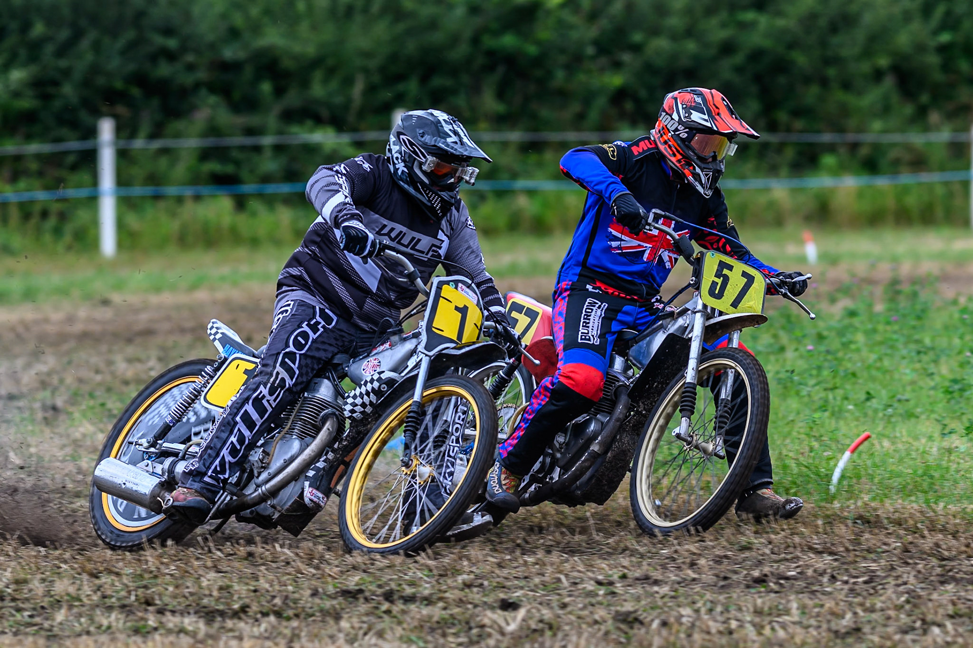 Andy Hine (1) rides outside Max Dent (57) in the Pre 75 class during the ACU Northern Grass Track Riders Championship at Cheshire Grass Track Club, Frog Lane, Knutsford, Cheshire on Sunday 20th July 2025. (Photo: Ian Charles | MI News)