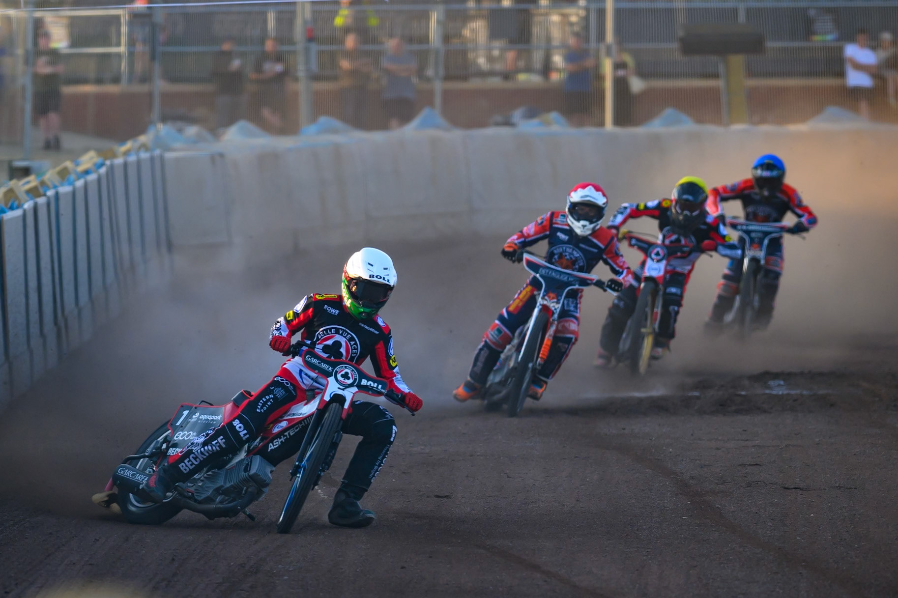 Brady Kurtz of Belle Vue Aces  in Red leading Niels-Kristian Iversen of Northampton Foxes  in Red , Norick Blodorn of Belle Vue Aces  in Yellow  and Kye Thomson of Northampton Foxes in Blue  during the Rowe Motor Oil Premiership match between Northampton Foxes and Belle Vue Aces at Northampton International Shaleway, Northampton on Thursday 13th August 2026. (Photo: Ian Charles | MI News)