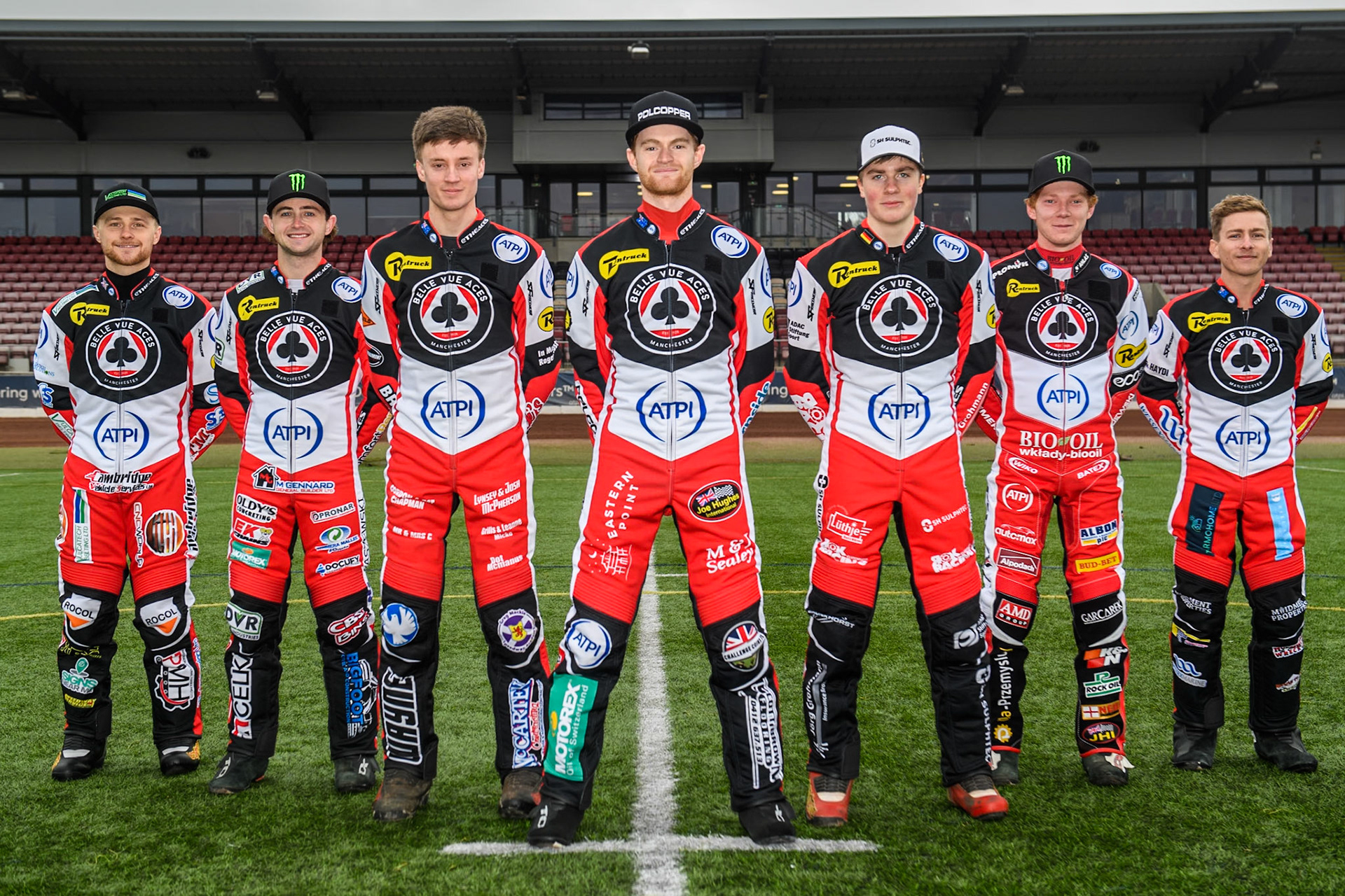 Belle Vue Aces 2024  (l-r) Connor Mountain, Jaimon Lidsey, Connor Bailey, Brady Kurtz, Norick Blödorn, Dan Bewley, Ben Cook during the Belle Vue Aces Media Day at the National Speedway Stadium, Manchester on Monday 11th March 2024. (Photo: Ian Charles | MI News)