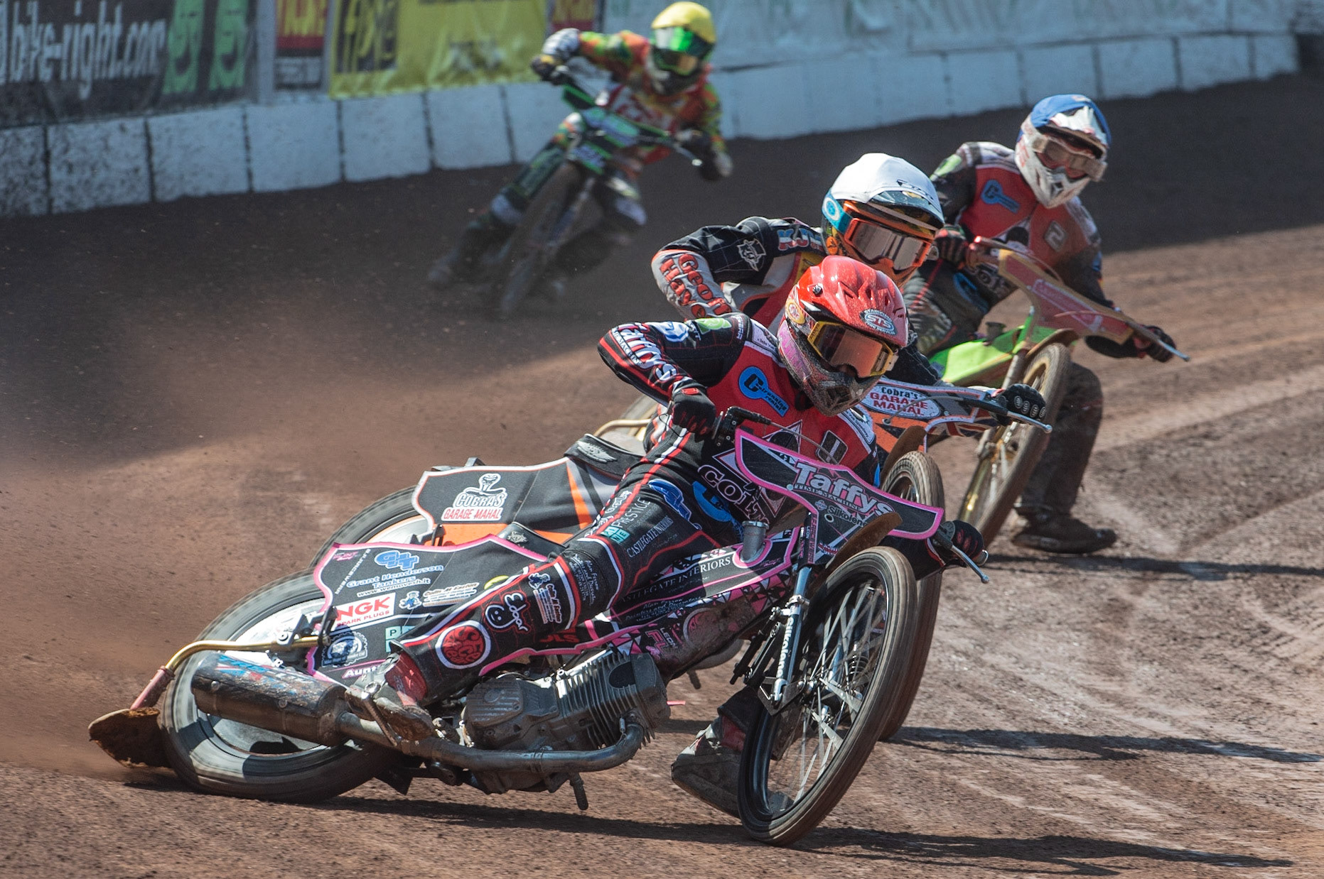 Photo: Ian Charles

Belle Vue Colts Leon Flint (Red) leads Connor Coles (White) Ben Woodhull (Blue) and Corban Pavitt (Yellow)

Belle Vue Colts v Stoke Potters, National League, Belle Vue National Speedway Stadium, Manchester, Friday 19  April  2019