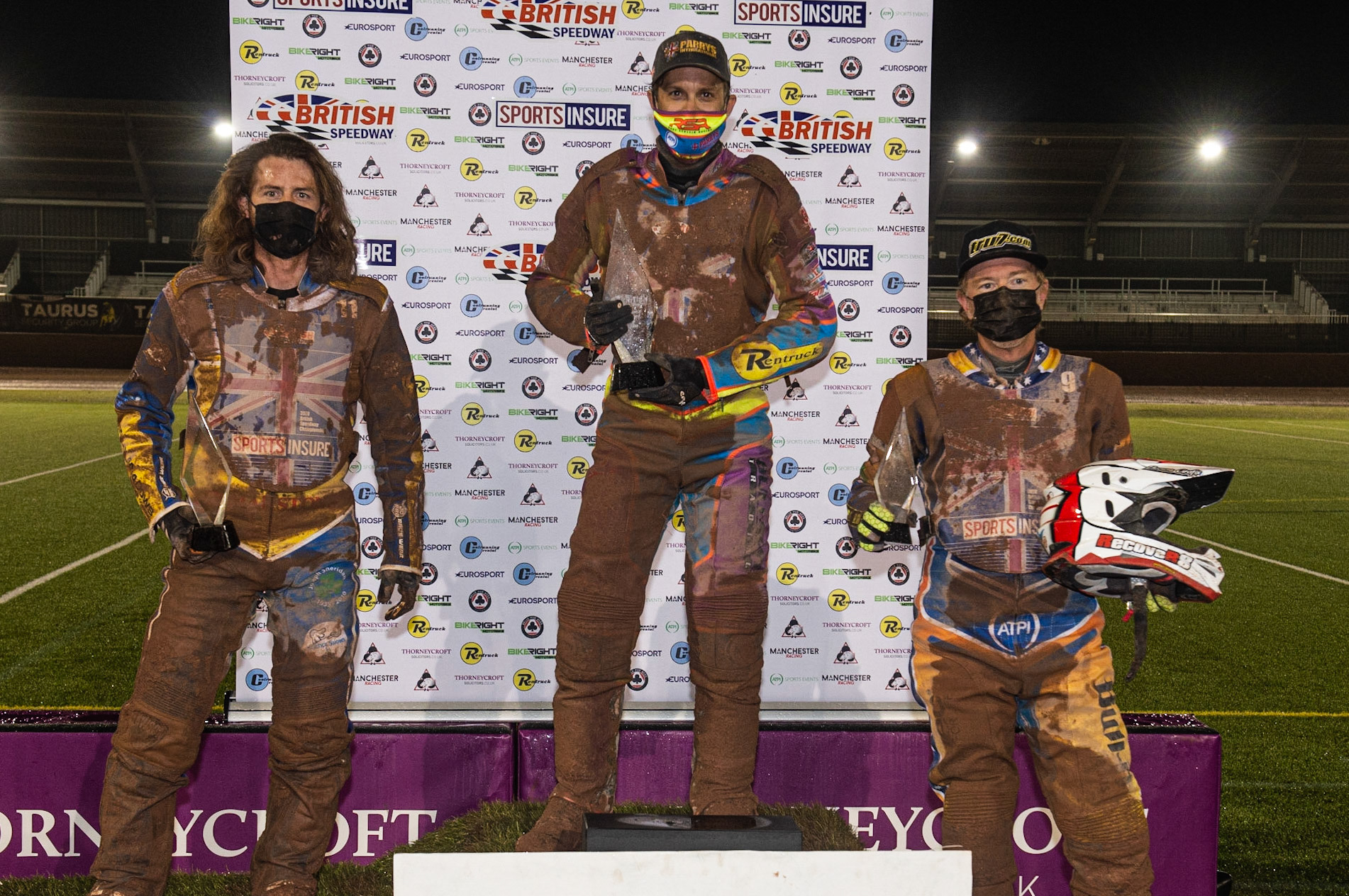 Photo: Ian CharlesBritish Final Top 3:(l-r) Richard Lawson  (2nd), Rory Schlein (Winner), Jason Crump  (3rd)Sports Insure British Speedway Championship Final, National Speedway Stadium, Manchester Monday  28  September  2020