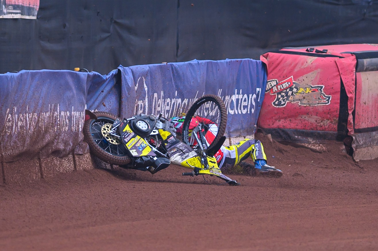 Belle Vue Colts' Guest Rider Dayle Wood  falls during the WSRA National Development League match between Belle Vue Colts and Sheffield/Scunthorpe Steelers at the National Speedway Stadium, Manchester on Sunday 12th October 2025. (Photo: Ian Charles | MI News)