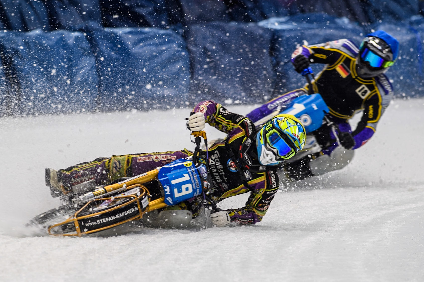 German Reserve Maximillian Neidermaier (19) gets into difficulty in front of Germany's Christoph Kirchner (18) during the FIM Ice Speedway Gladiators World Championship Final 2 at the Max-Aicher-Arena, Inzell on Sunday 24 March 2024. (Photo: Ian Charles | MI News)