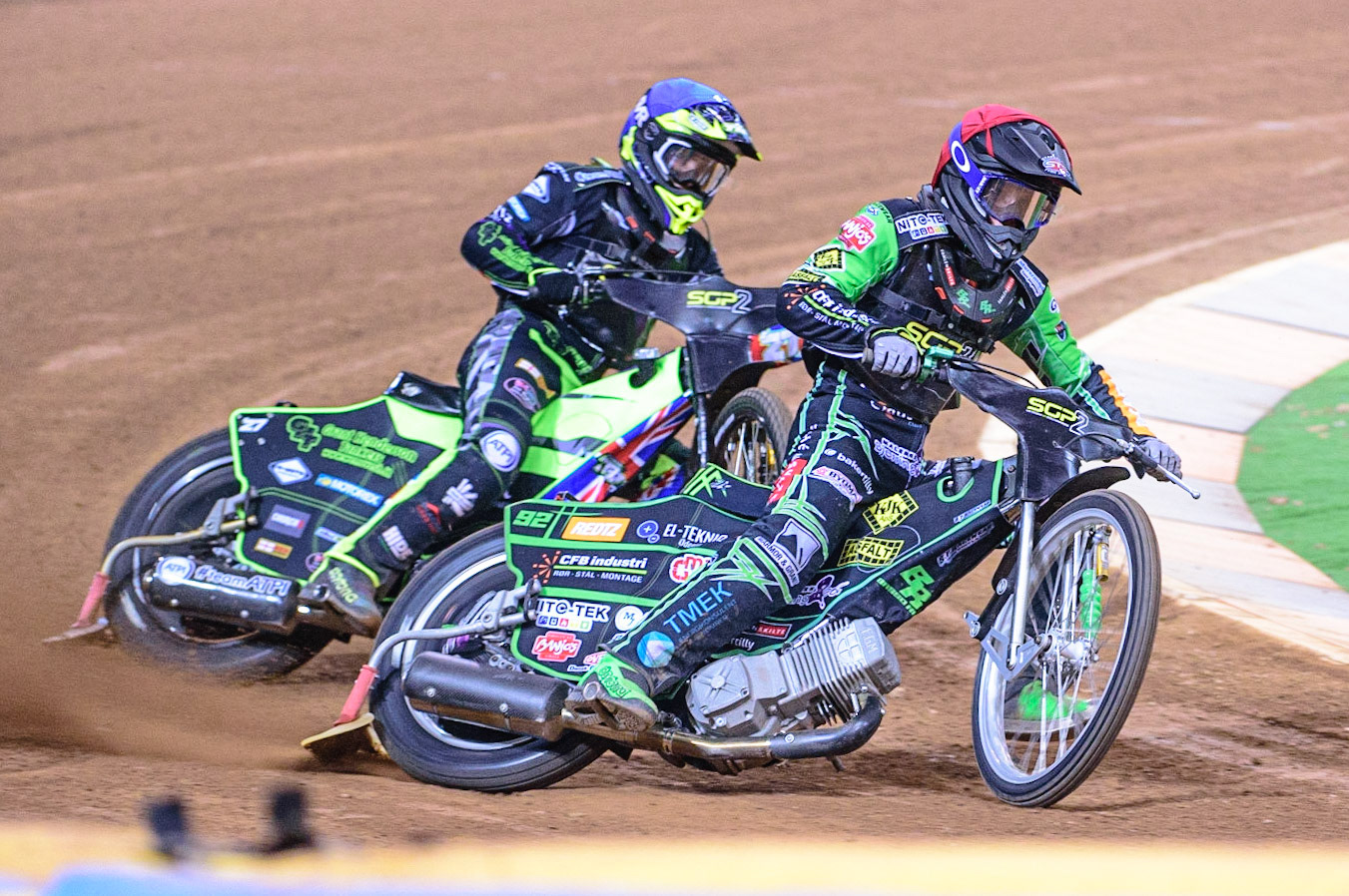 Benjamin Basso (Denmark)  (Red) outside Tom Brennan (Gre at Britain)  (Blue)during the FIM  Speedway Grand Prix  2 of Great Britain at the Principality Stadium, Cardiff on Sunday 14th August 2022. (Credit: Ian Charles | MI News)