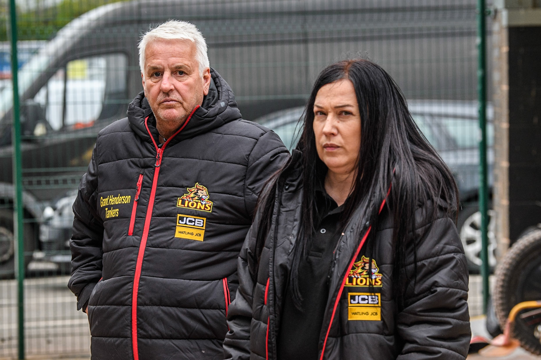 Leicester Lion Cubs' Joint Team Manager Stewart Dickson (Left) with Leicester Lion Cubs' Joint Team Manager Jen Crossland  during the WSRA National Development League match between Belle Vue Colts and Leicester Lion Cubs at the National Speedway Stadium, Manchester on Friday 18th April 2025. (Photo: Ian Charles | MI News)