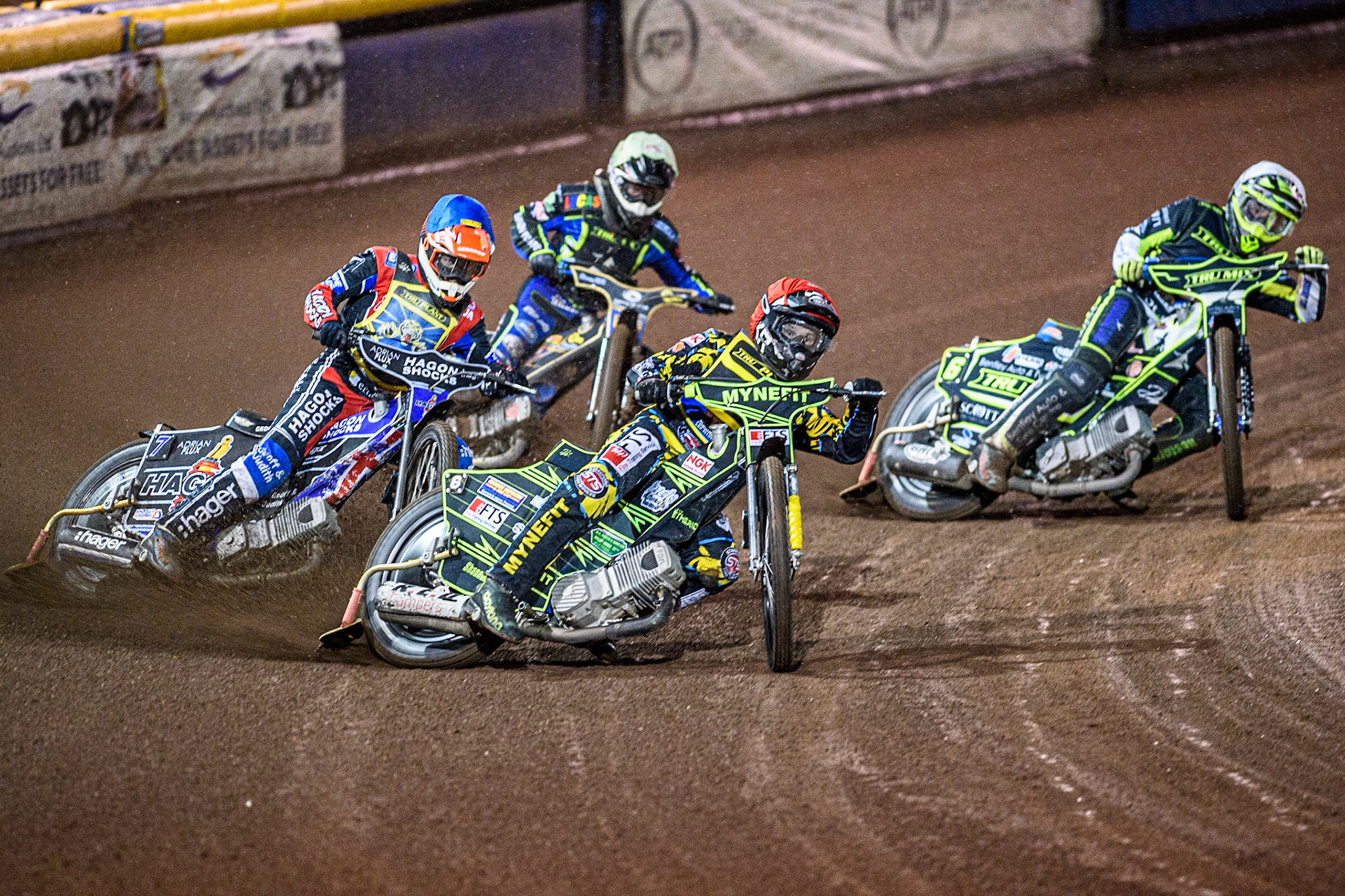 Jye Etheridge (Red) and Jason Edwards (Blue) lead Danyon Hume (White) and Joe Thompson (Yellow) during the Sports Insure Premiership Grand Final Second Leg match between Sheffield Tigers and Ipswich Witches at Owlerton Stadium, Sheffield on Thursday 5th October 2023. (Photo: Ian Charles | MI News)