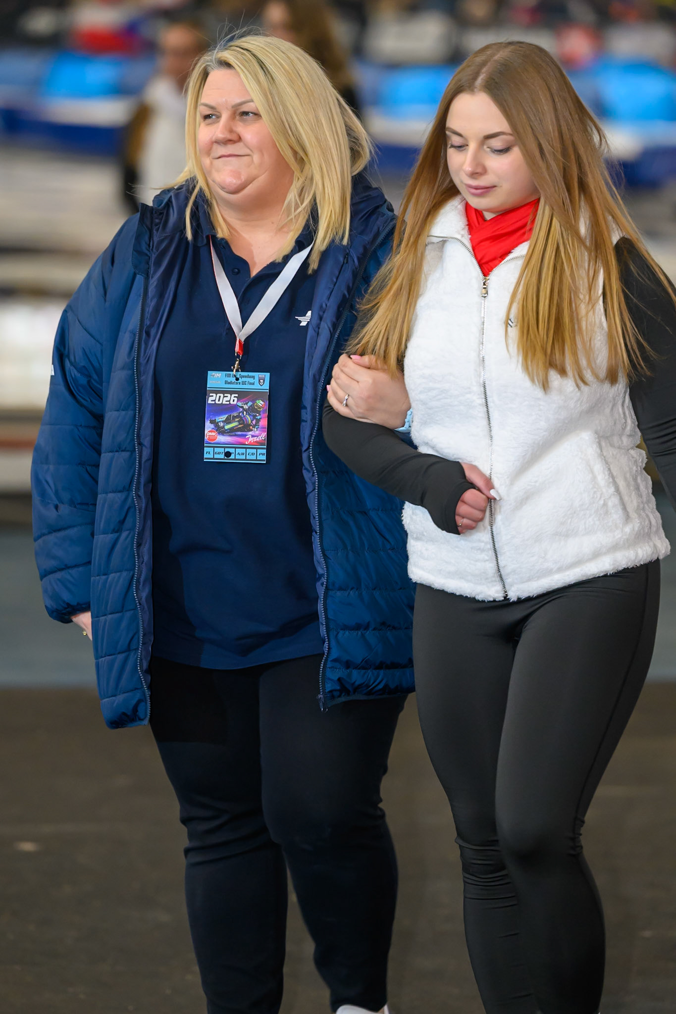 Referee Christina Turnbull (Left) is accompanied by a start girl  during the Ice Speedway Gladiators World Championship Final 2 at Max-Aicher-Arena, Inzell on Sunday 15th March 2026. (Photo: Ian Charles | MI News)