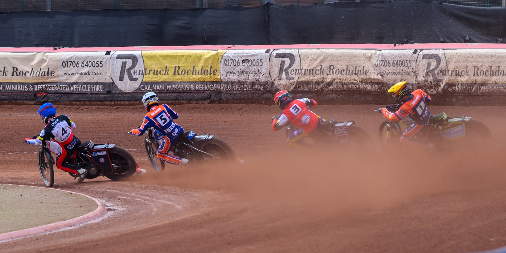 (L to R) Zach Cook of Belle Vue Aces in Blue, Nicolai Klindt of Northampton Foxes in White, Leon Flint, Guest Rider for Belle Vue Aces in Red and Jaimon Lidsey of Northampton Foxes in Yellow during the Rowe Motor Oil Premiership match between Belle Vue Aces and Northampton Foxes at the National Speedway Stadium, Manchester on Monday 4th May 2026. (Photo: Ian Charles | MI News)