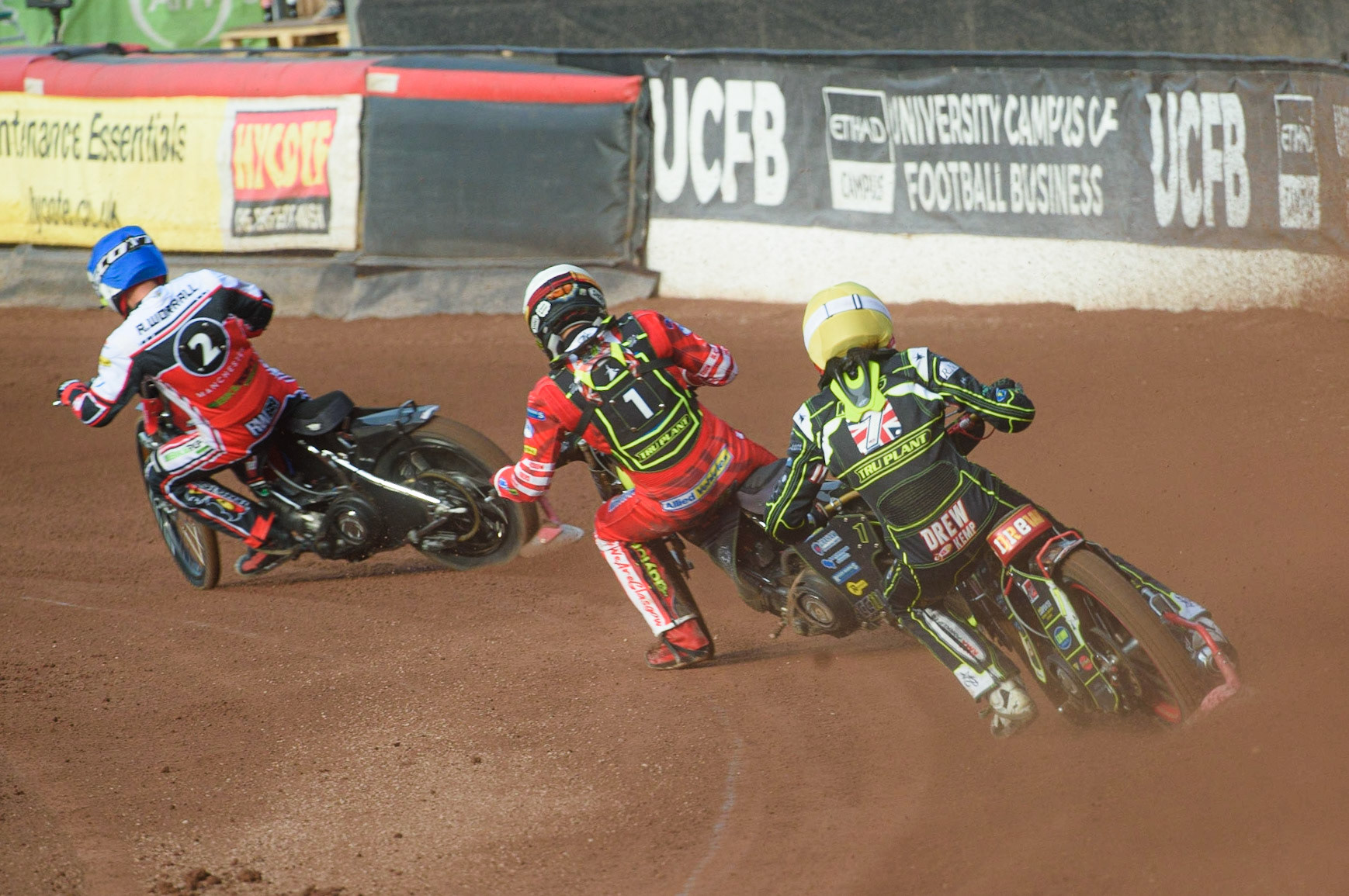 MANCHESTER, UK. JUNE 7TH   Drew Kemp  (Yellow) and Craig Cook  (White) chase Richie Worrall  (Blue) during the SGB Premiership match between Belle Vue Aces and Ipswich Witches at the National Speedway Stadium, Manchester on Monday 7th June 2021. (Credit: Ian Charles | MI News)