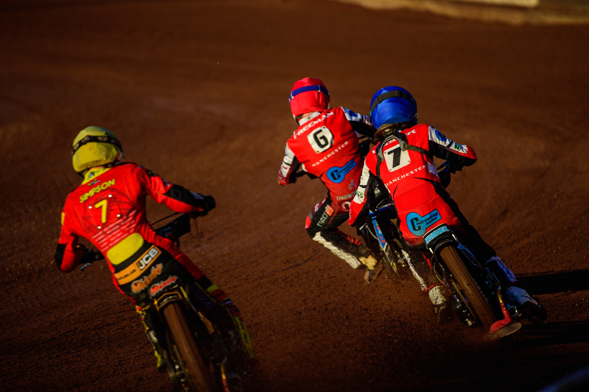 Mickie Simpson  (Yellow) chases Archie Freeman  (Red) and Freddy Hodder (Blue) during the National Development League match between Belle Vue Aces and Leicester Lions at the National Speedway Stadium, Manchester on Friday 19th August 2022. (Credit: Ian Charles | MI News)