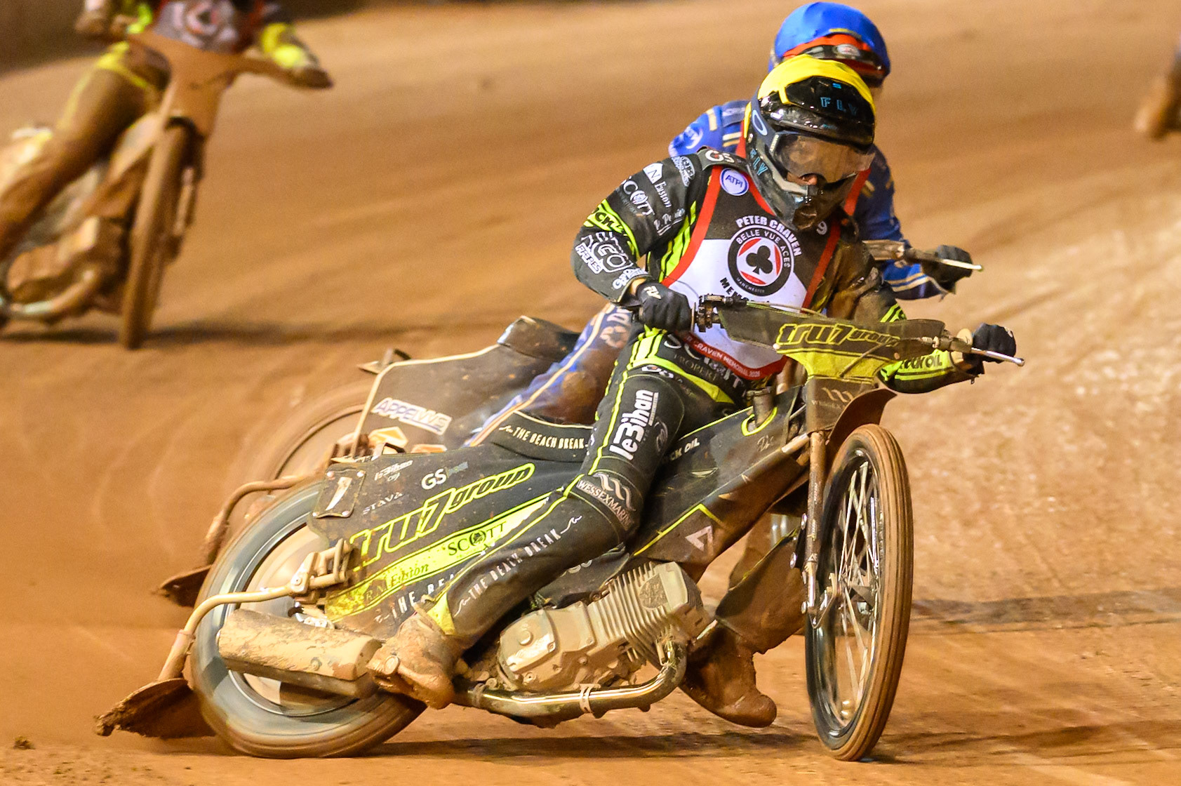 Adam Ellis  in Yellow leading Nicolai Klindt  in Blue during the Peter Craven Memorial Trophy at the National Speedway Stadium, Manchester, on Monday 16th March 2026. (Photo: Ian Charles | MI News)