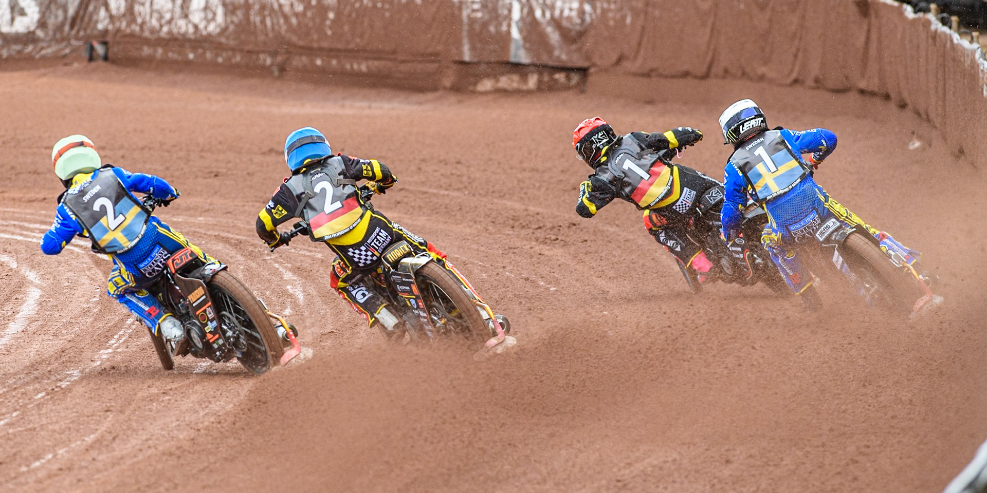 Germany v Sweden: (L to R) Jacob Thorssell of Sweden in Yellow, Norick Blödorn of Germany in Blue, Kai Huckenbeck of Germany in Red and Fredrik Lindgren of Sweden in White during the Monster Energy FIM Speedway of Nations Semi-Final 1 at the National Speedway Stadium, Manchester on Tuesday 9th July 2024. (Photo: Ian Charles | MI News)