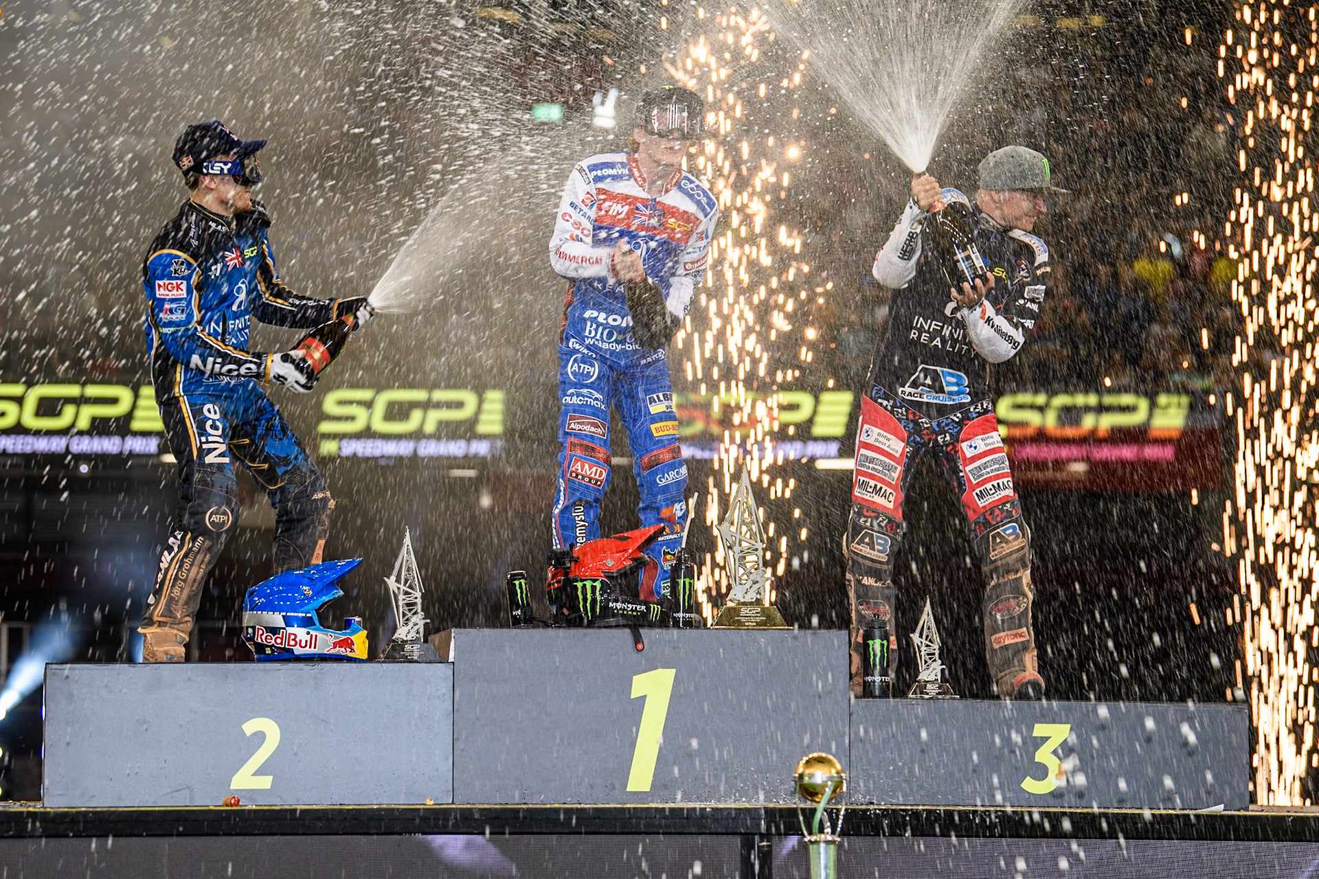 Champagne capers on the rostrum during the FIM Speedway Grand Prix of Great Britain at The Principality Stadium, Cardiff on Saturday 17th August 2024. (Photo: Ian Charles | MI News)