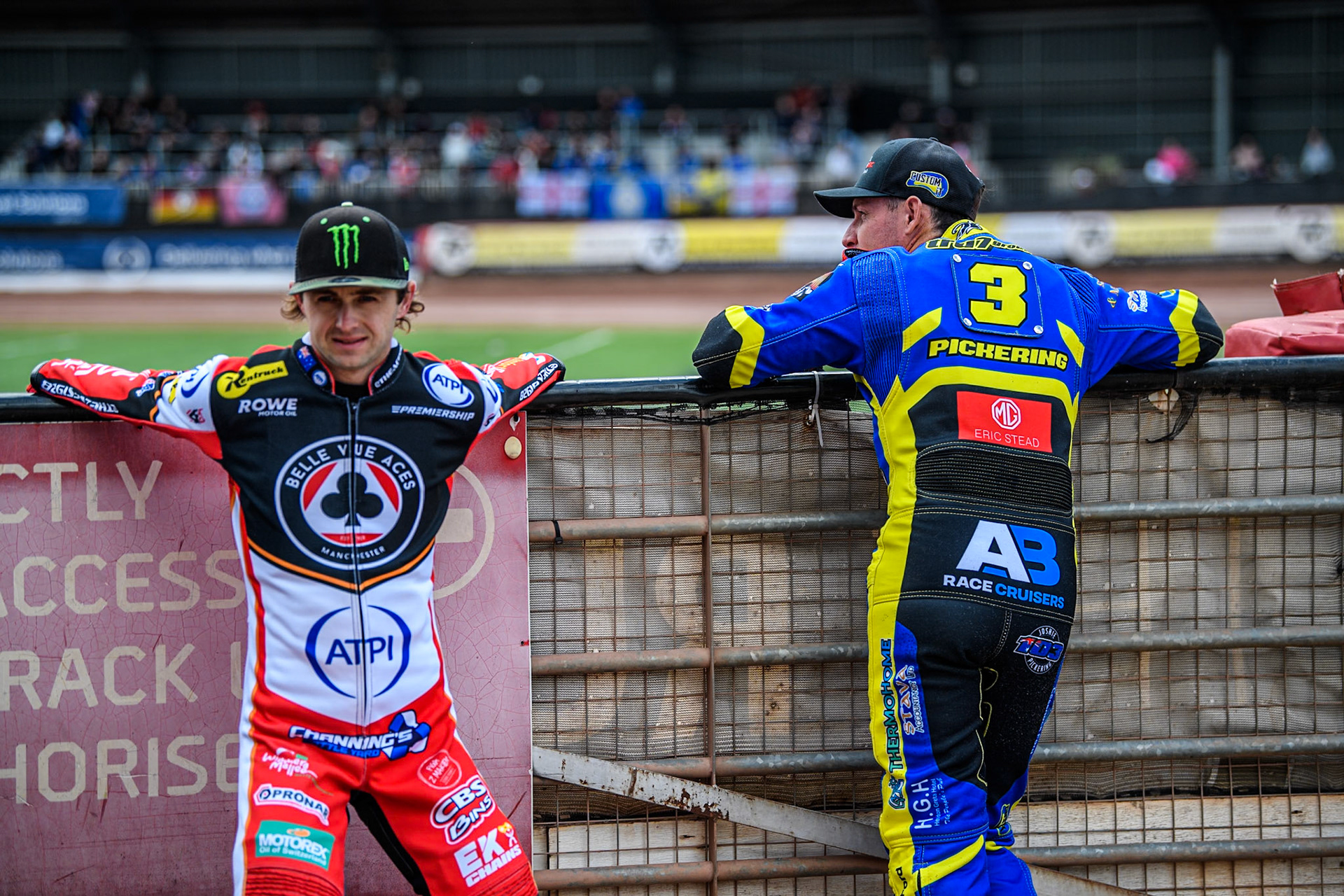 Jaimon Lidsey of Belle Vue Aces (Left) with Josh Pickering of Sheffield Tigers during the Rowe Motor Oil Premiership match between Belle Vue Aces and Sheffield Tigers at the National Speedway Stadium, Manchester on Monday 5th May 2025. (Photo: Ian Charles | MI News)