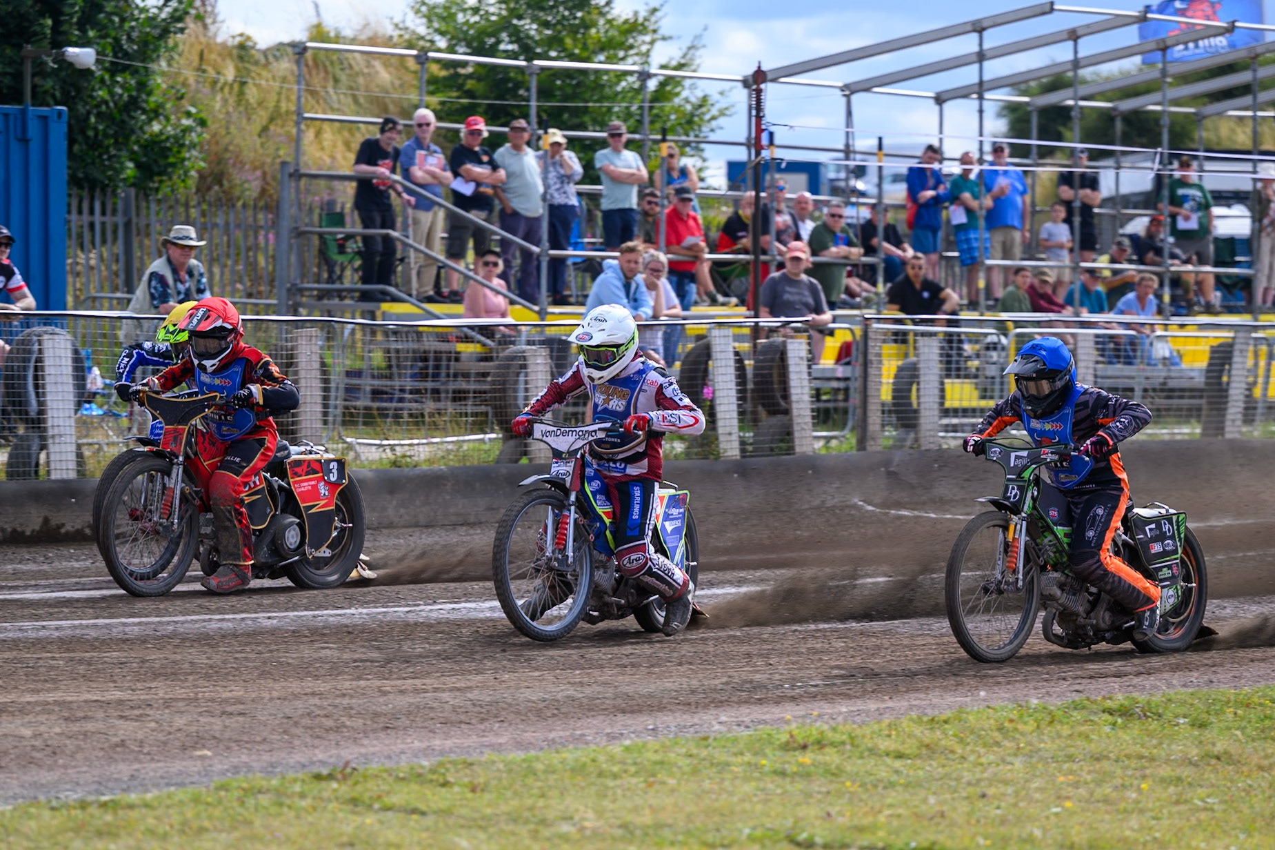 (L to R) Ollie Binns of Kings Lynn Young Stars in Yellow , Luke Harris of Buxton Bulls in Red, Jake Mulford of Kings Lynn Young Stars in White  and Jack Roberts of Buxton Bulls in Blue leave the start in Heat 9 during the WSRA National Development League match between Buxton Bulls and King's Lynn Young Stars at Hi-Edge Speedway, Buxton on Sunday 9th August 2026. (Photo: Ian Charles | MI News