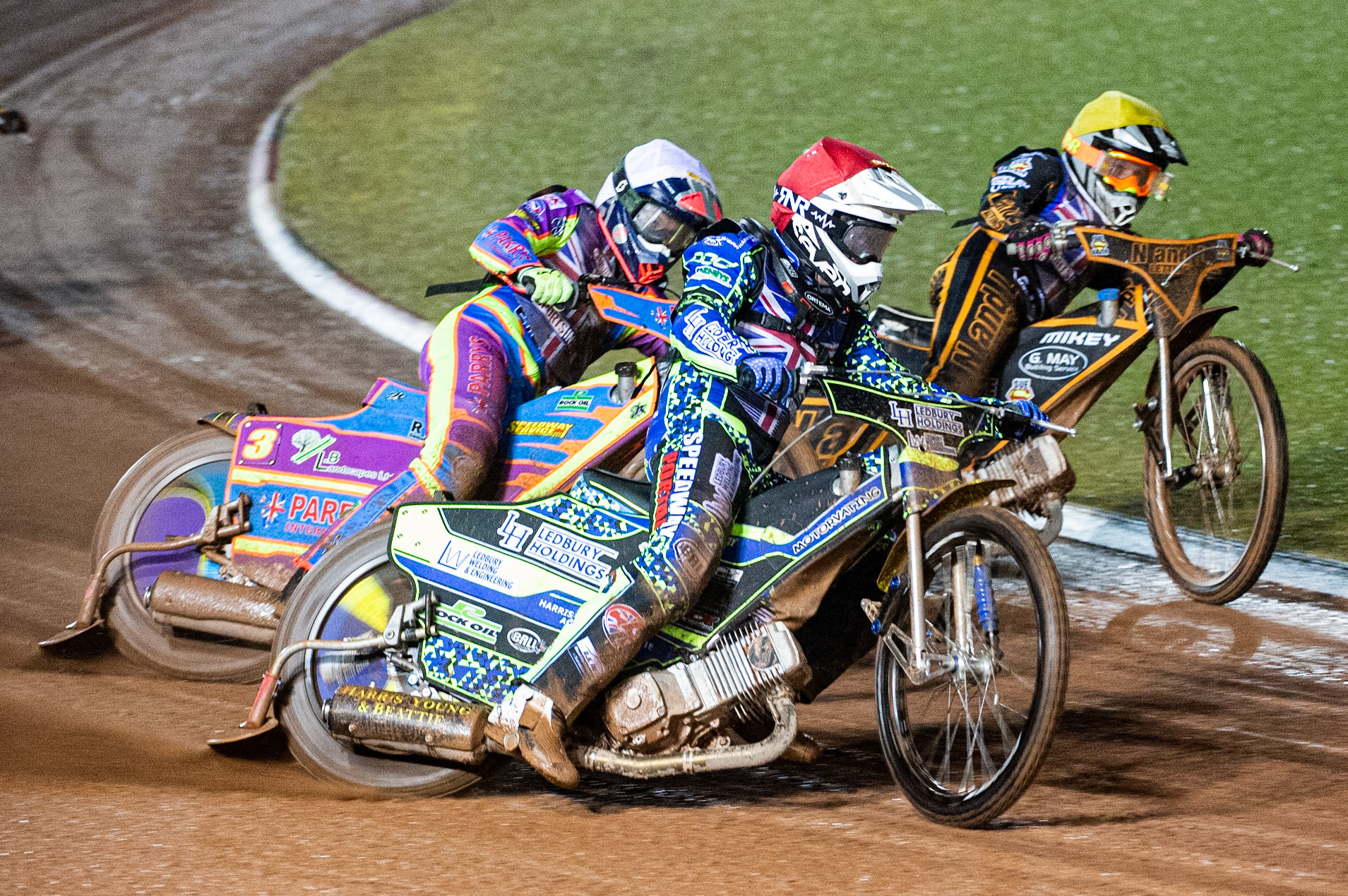 Photo: Ian CharlesPaul Starke   (Red)  outside  Rory Schlein  (White)  and Ben Barker   (Yellow) Sports Insure British Speedway Championship Final, National Speedway Stadium, Manchester Monday  28  September  2020