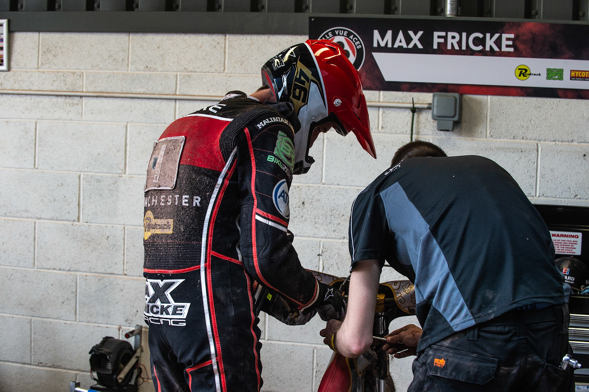 Photo by Ian Charles:

Max Fricke  (left) works on his bike with his mechanic

Belle Vue Aces v Wolverhampton Wolves, National Speedway Stadium, Manchester, Monday, 22, April, 2019