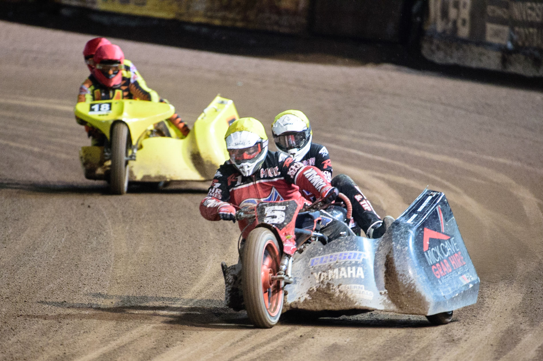 MANCHESTER, UK. OCT 30TH   Mick Cave &amp; Bradley Steer  (Yellow) leads Mick Stace &amp; Ryan Knowles  (Red) during the Manchester Masters Sidecar Speedway and Flat Track Racing at the National Speedway Stadium, Manchester on Saturday 30th October 2021. (Credit: Ian Charles | MI News)