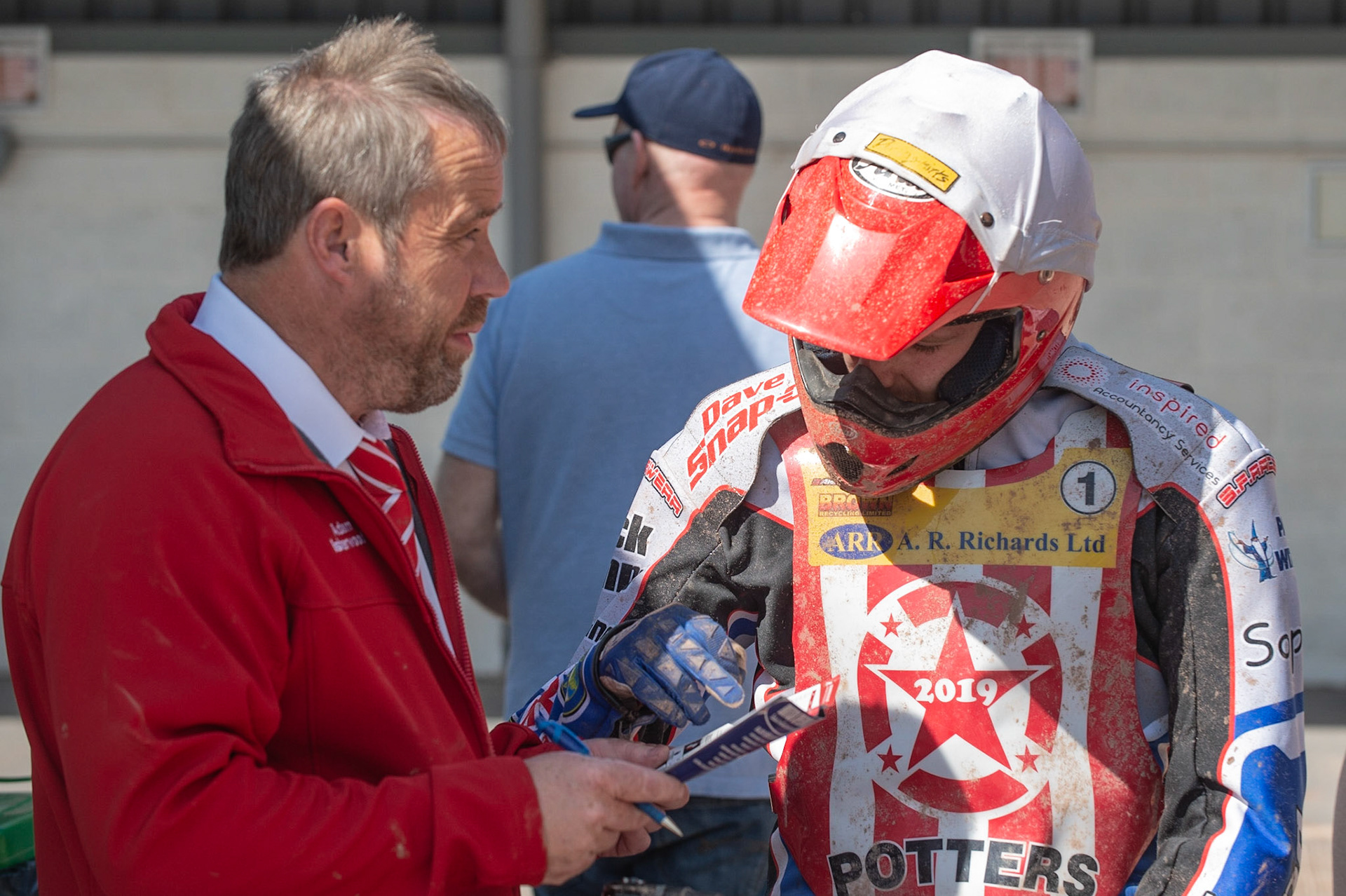 Photo: Ian Charles

Adam Isherwood (left) discusses tactics with Tom Perry

Belle Vue Colts v Stoke Potters, National League, Belle Vue National Speedway Stadium, Manchester, Friday 19  April  2019