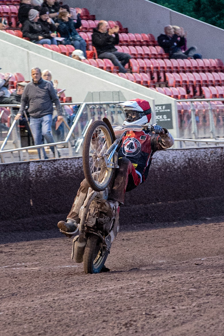 Photo by Ian Charles:

Max Fricke pulls a wheelie 

Belle Vue Aces v Peterborough Panthers, British Speedway Premiership, National Speedway Stadium, Manchester, Thursday, 13, June, 2019