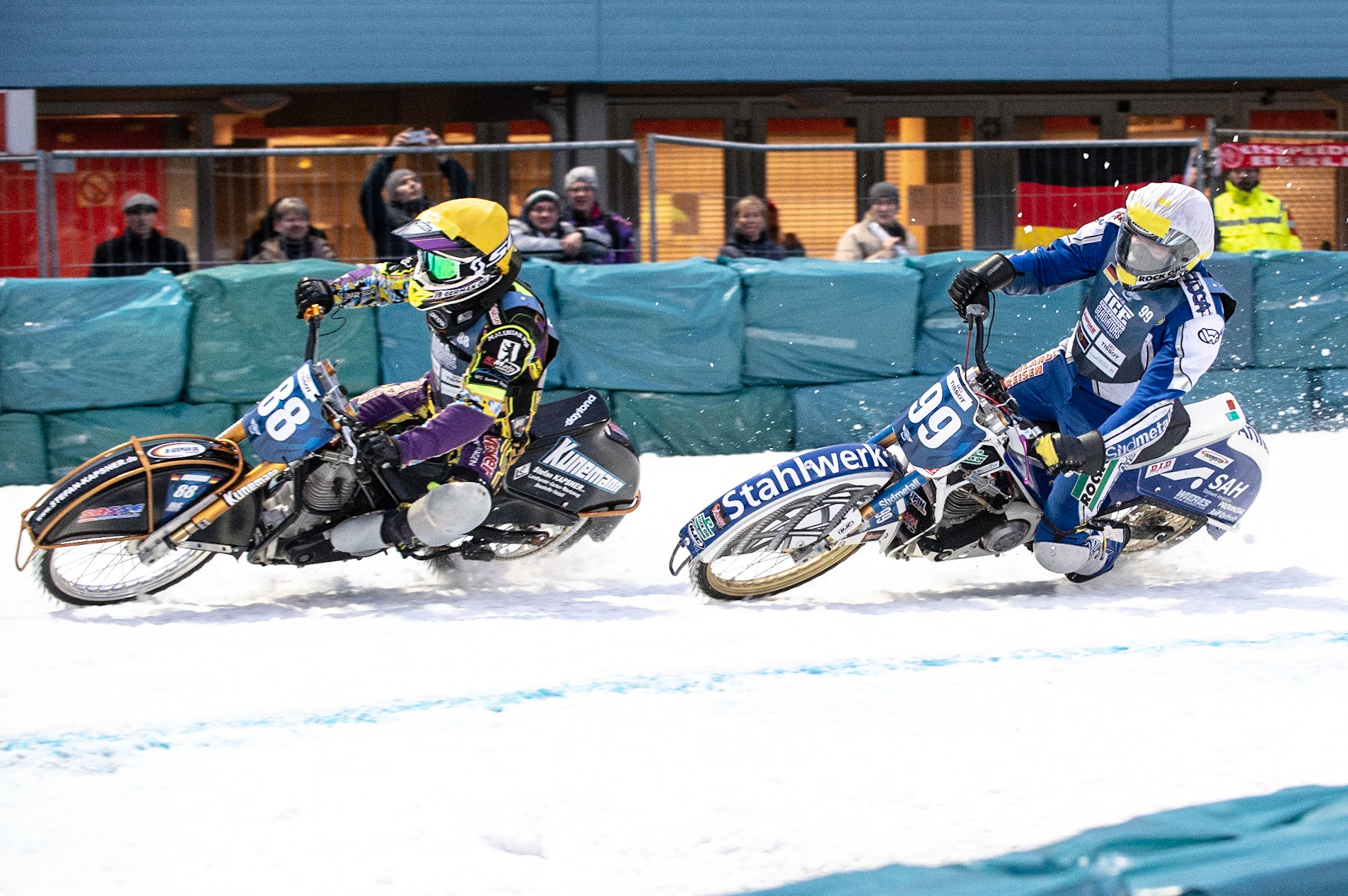 Photo: Ian Charles

Max Niedermaier (88) inside Stefan Pletschacher (99) 

FIM Ice Speedway Gladiators World Championship, Final 3.1, Horst-Dohm Eisstadion, Berlin, Germany Saturday  2  March  2019