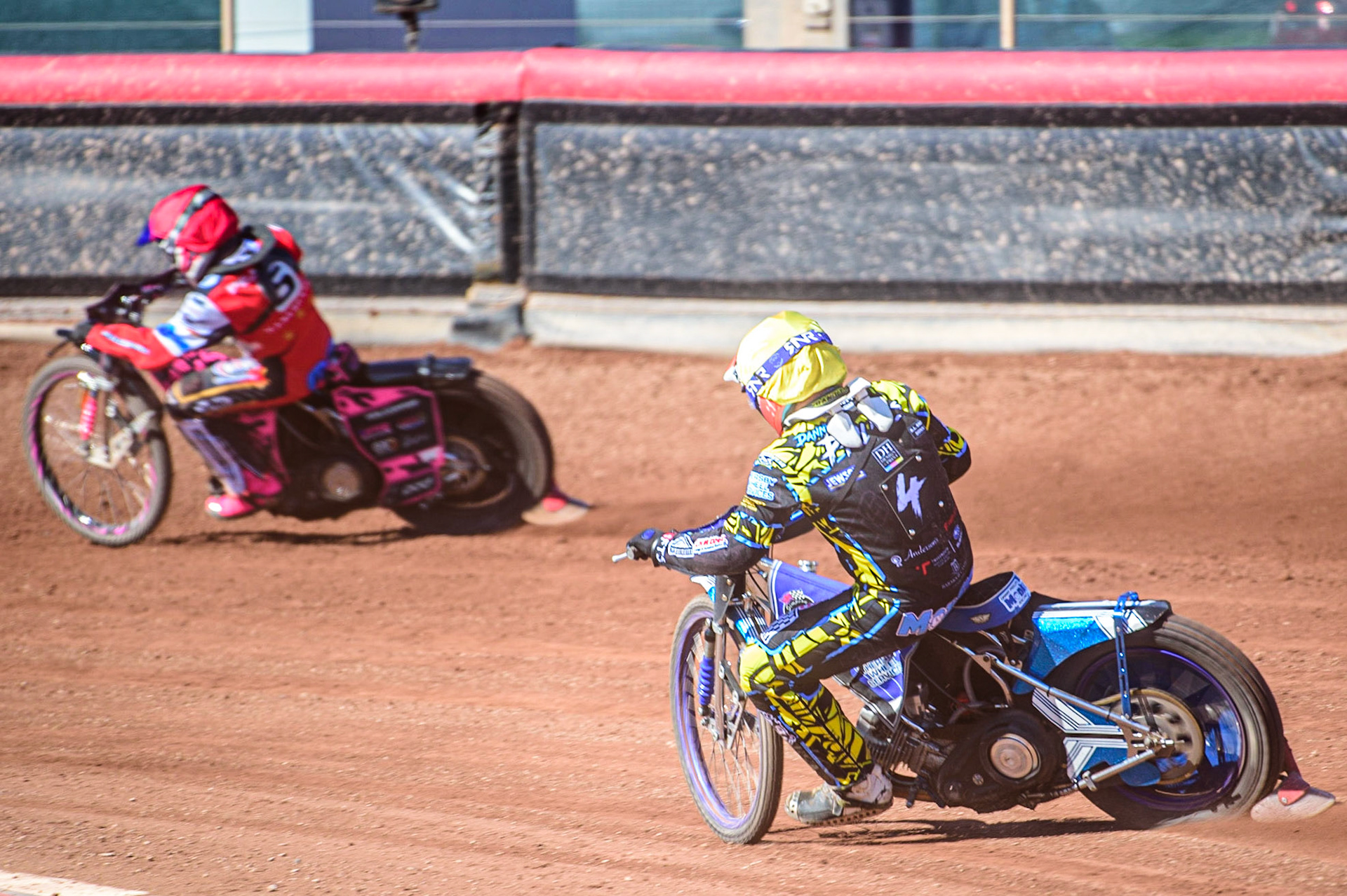 Danny Phillips  (Yellow) chases Paul Bowen  (Red) during the National Development League match between Belle Vue Colts and Berwick Bullets at the National Speedway Stadium, Manchester on Friday 7th April 2023. (Photo: Ian Charles | MI News)
