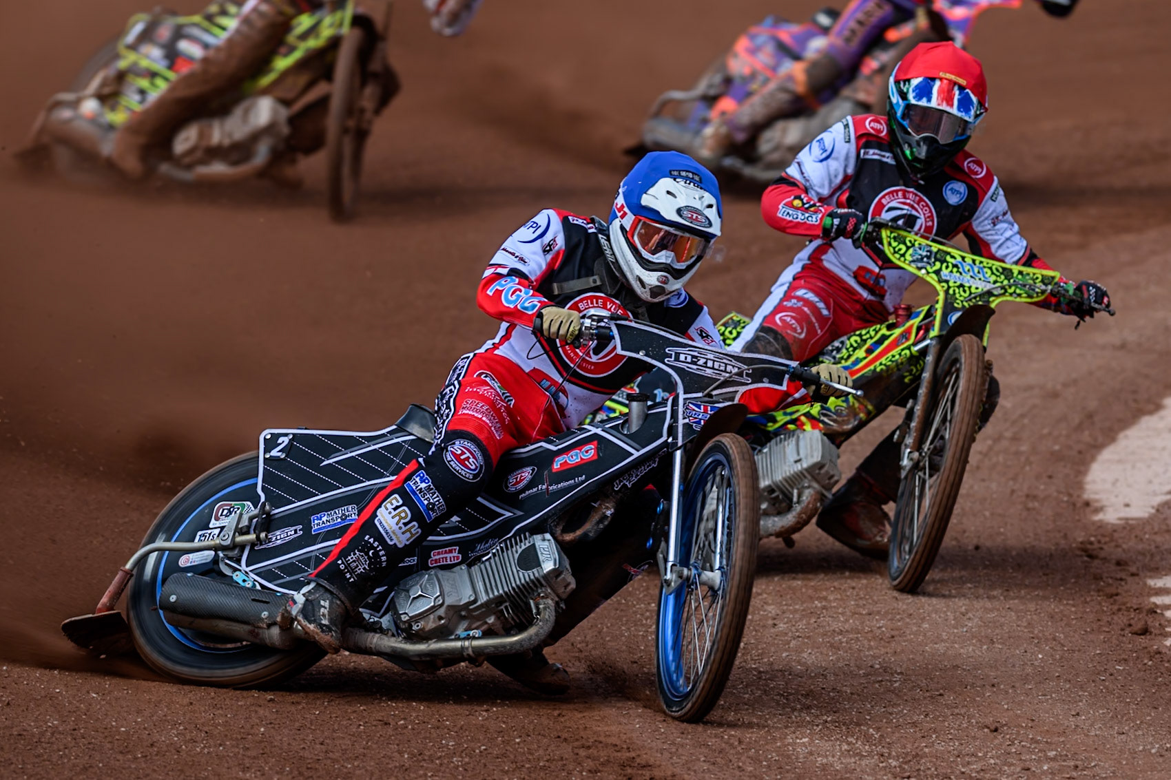 Jack Shimelt of Belle Vue Colts  in Blue leading William Cairns of Belle Vue Colts in Red during the WSRA National Development League match between Belle Vue Colts and Middlesbrough Tigers at the National Speedway Stadium, Manchester on Sunday 10th August 2025. (Photo: Mark Fletcher | MI News)