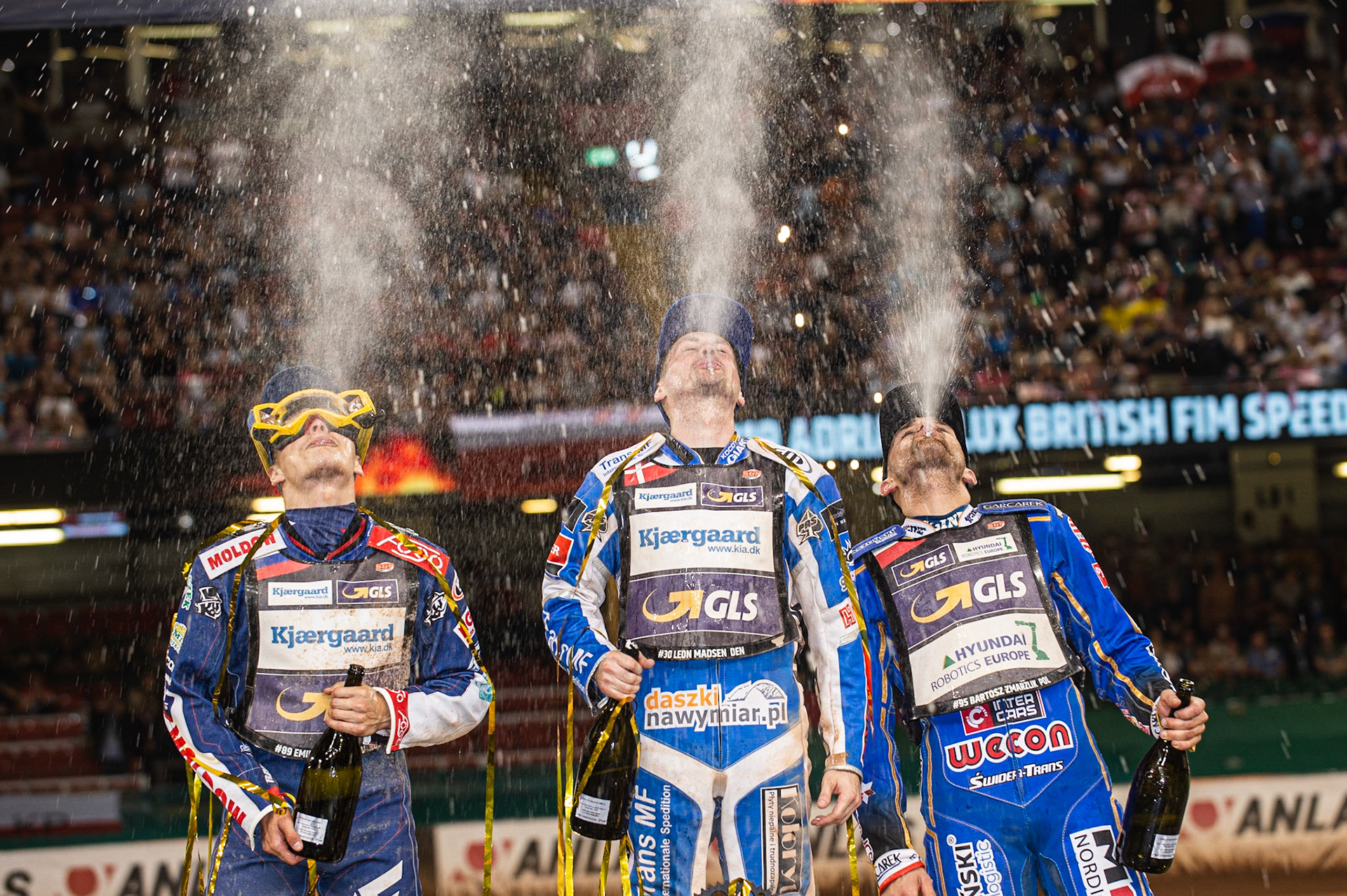 CARDIFF,WALES  Champagne capers on the rostrum during the ADRIAN FLUX BRITISH FIM SPEEDWAY GRAND PRIX at the Principality Stadium, Cardiff on Saturday 21st September 2019. (Credit: Ian Charles | MI News)