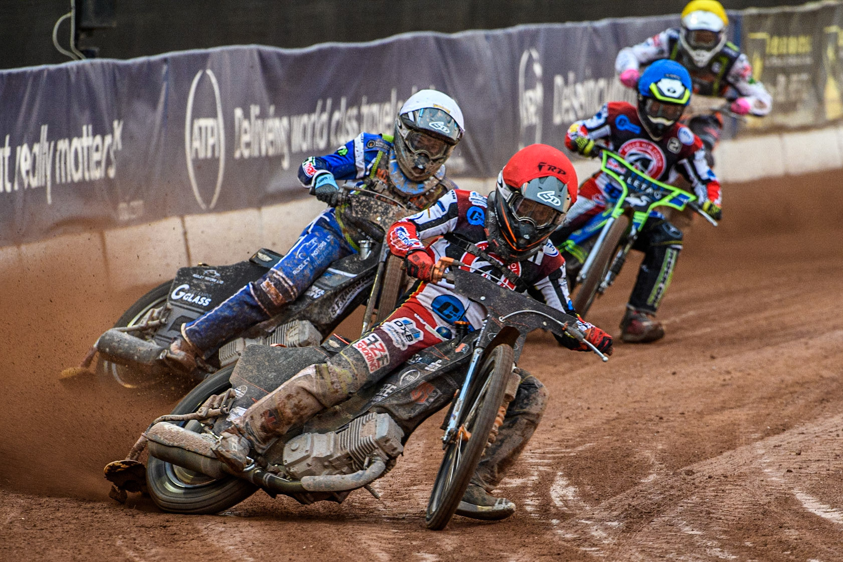Jack Smith (Red) leads Sam McGurk (White), Luke Muff (Blue) and William Richardson (White) during the National Development League match between Belle Vue Colts and Mildenhall Fens Tigers at the National Speedway Stadium, Manchester on Friday 26th May 2023. (Photo: Ian Charles | MI News)