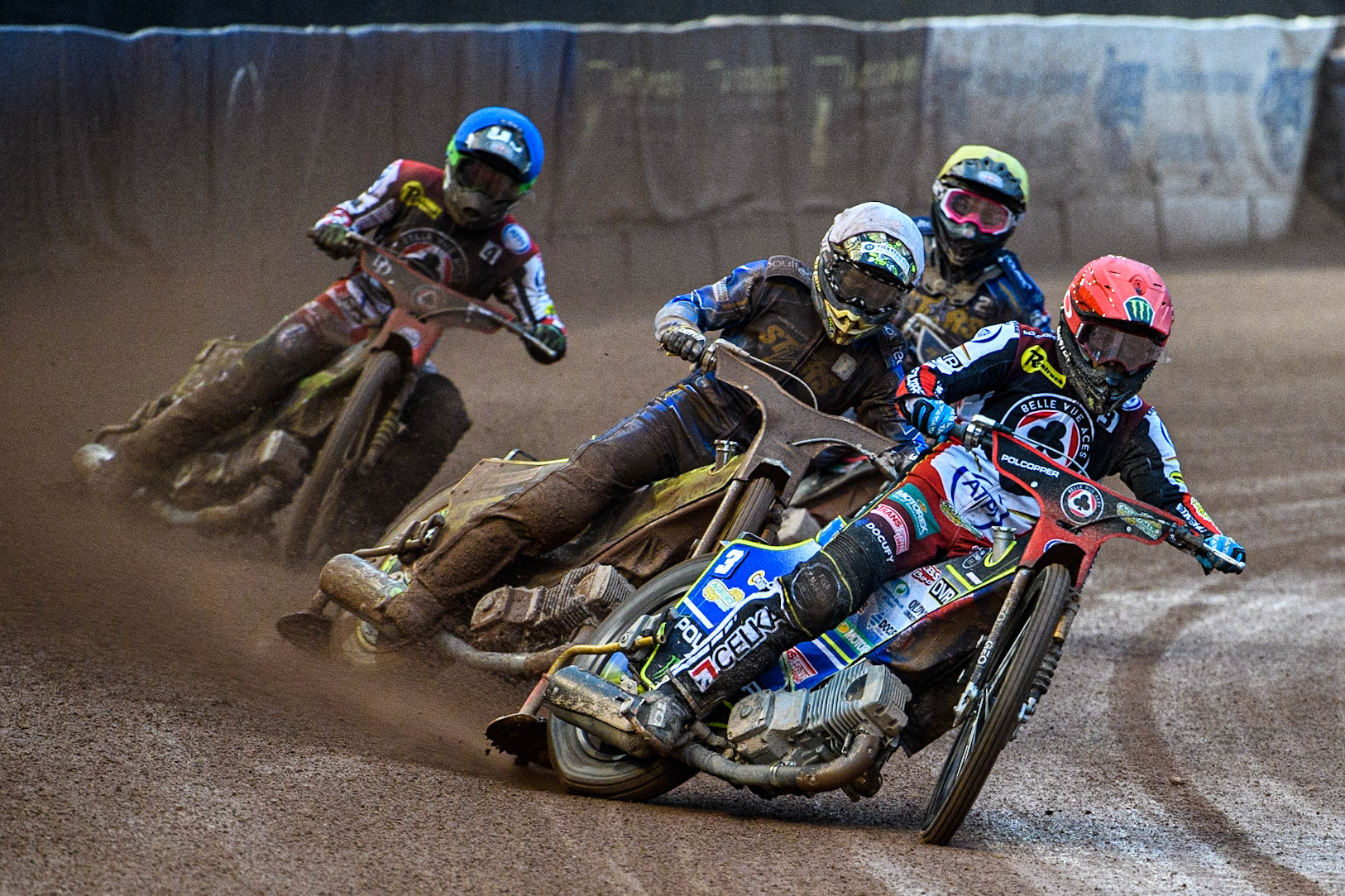 Jaimon Lidsey (Red) leads Artem Laguta (White), Charles Wright (Blue) and Thomas Jorgensen (Yellow) during the Sports Insure Premiership match between Belle Vue Aces and King's Lynn Stars at the National Speedway Stadium, Manchester on Monday 12th June 2023. (Photo: Ian Charles | MI News)