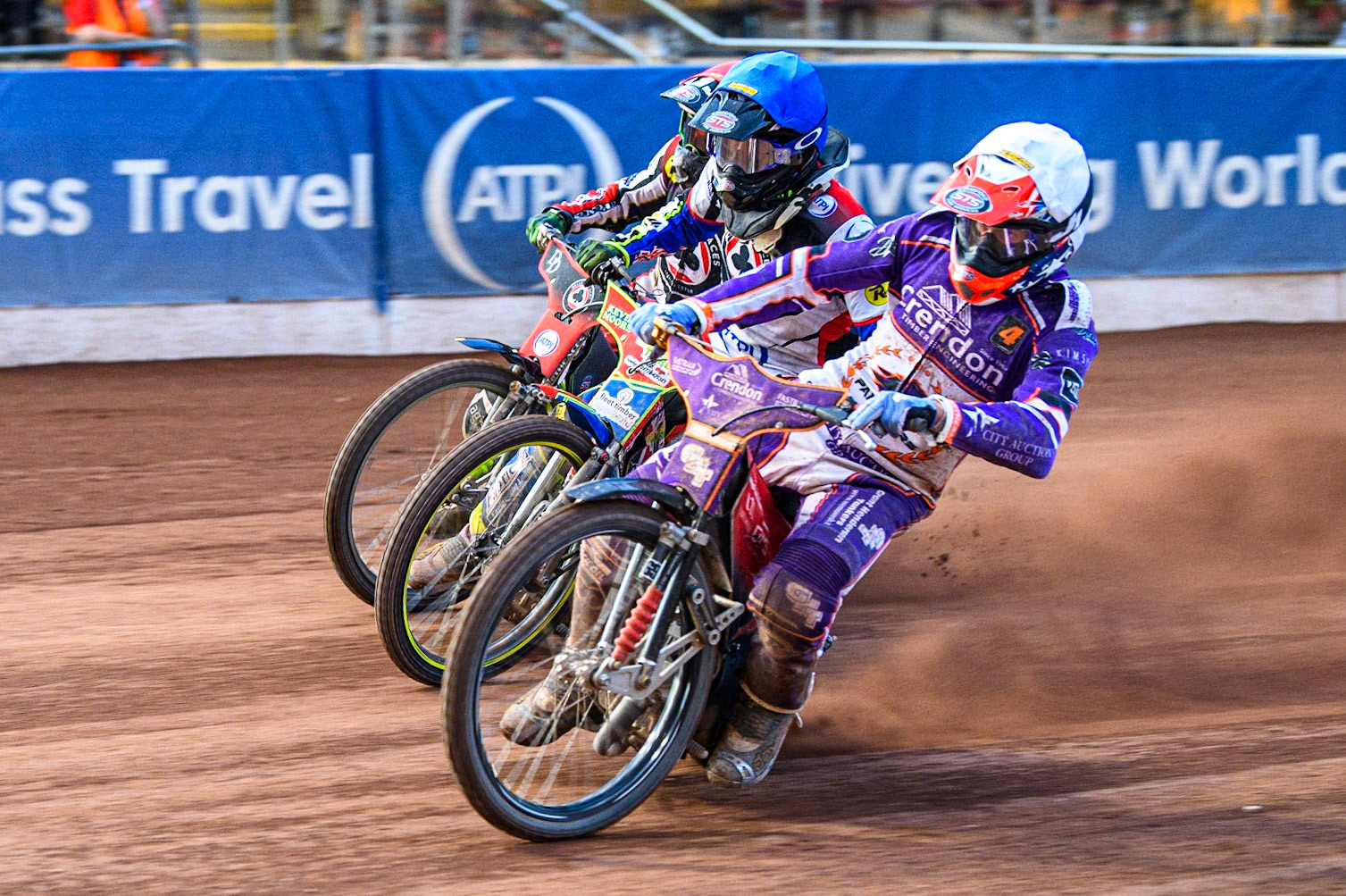 Richie Worrall (White) inside Simon Lambert (Blue) and Charles Wright (Red) during the Sports Insure Premiership match between Belle Vue Aces and Peterborough at the National Speedway Stadium, Manchester on Monday 19th June 2023. (Photo: Ian Charles | MI News)