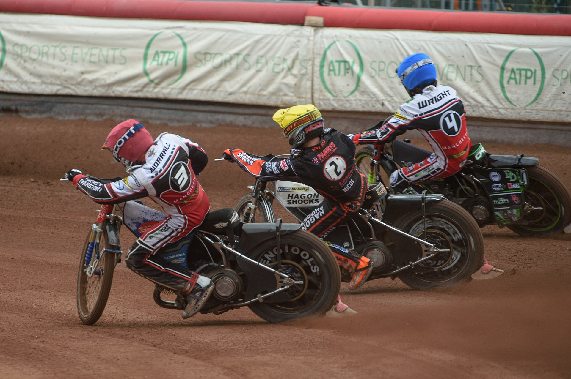 MANCHESTER, UK. AUGUST 30TH Steve Worrall (Red) inside Broc Nicol (Yellow) and Charles Wright  (Blue) during the SGB Premiership match between Belle Vue Aces and Wolverhampton Wolves at the National Speedway Stadium, Manchester on Monday 30th August 2021. (Credit: Ian Charles | MI News)