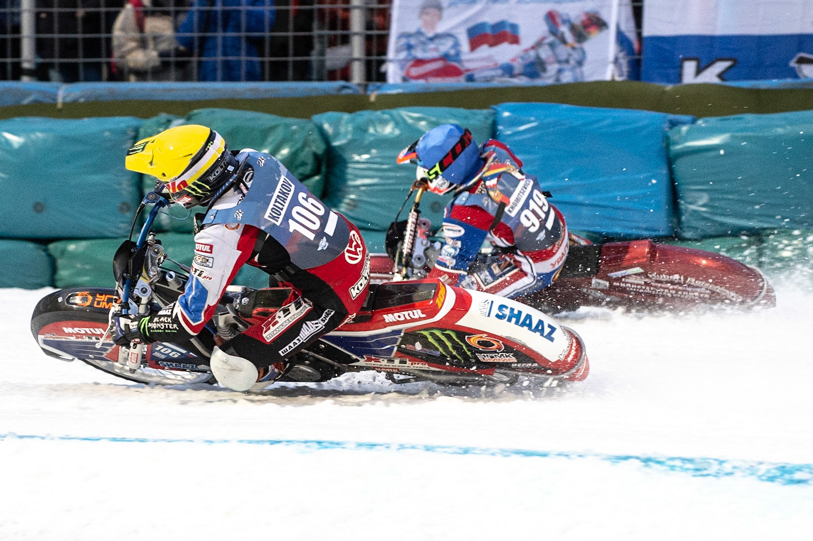 Photo: Ian Charles

Dmitri Koltakov (106) (Yellow) inside Dmitri Khomitsevich (919) (Blue)

FIM Ice Speedway Gladiators World Championship, Final 3.1, Horst-Dohm Eisstadion, Berlin, Germany Saturday  2  March  2019