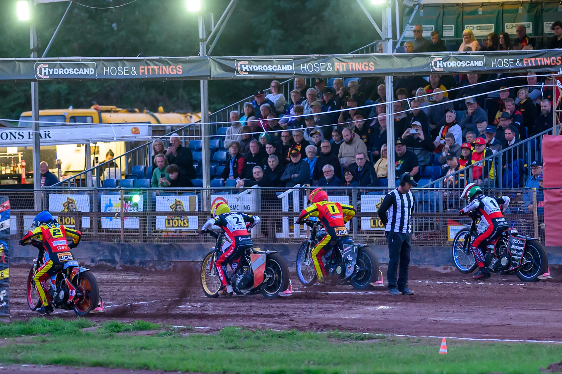 Start of Heat 1: (L to R)  Drew Kemp of Leicester Lions  in Blue Norick Blodorn of Belle Vue Aces  in Yellow Ryan Douglas of Leicester Lions in Red and Brady Kurtz of Belle Vue Aces in White during the Rowe Motor Oil Premiership match between Leicester Lions and Belle Vue Aces at the Hydroscan Arena, Leicester on Monday 7th September 2026. (Photo: Ian Charles | MI News)
