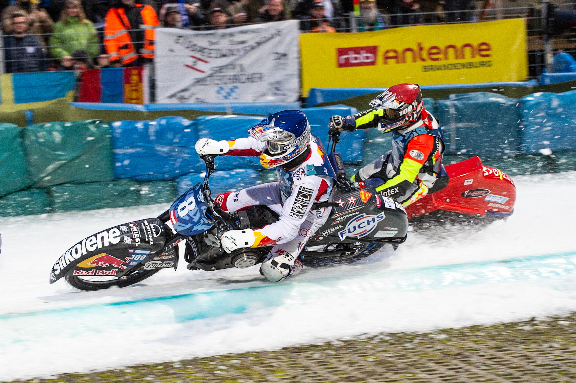 BERLIN GERMANY  - February 29  Franky Zorn (Blue) inside team mate Harald Simon (Red) of Austria  during theIce Speedway of Nations (Day 1) at the Horst-Dohm-Eisstadion, Berlin,  on Saturday 29 February 2020. (Credit: Ian Charles | MI News)