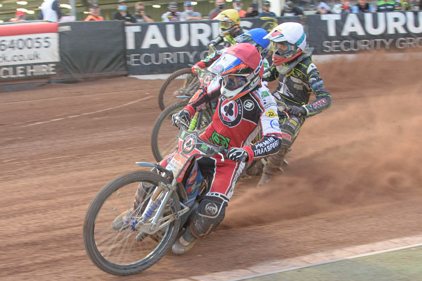MANCHESTER, UK. JUNE 7TH   Steve Worrall  (Red) leads Drew Kemp (White), Charles Wright  (Blue) and Jake Allen  (Yellow) during the SGB Premiership match between Belle Vue Aces and Ipswich Witches at the National Speedway Stadium, Manchester on Monday 7th June 2021. (Credit: Ian Charles | MI News)