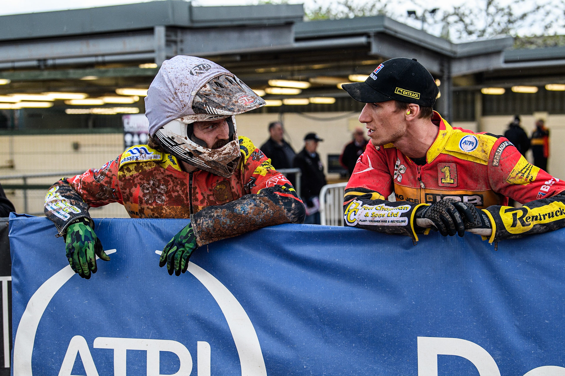 Richard Lawson  (left) chatting with Max Fricke  during the SGB Premiership match between Belle Vue Aces and Leicester Lions at the National Speedway Stadium, Manchester on Monday 1st May 2023. (Photo: Ian Charles | MI News)