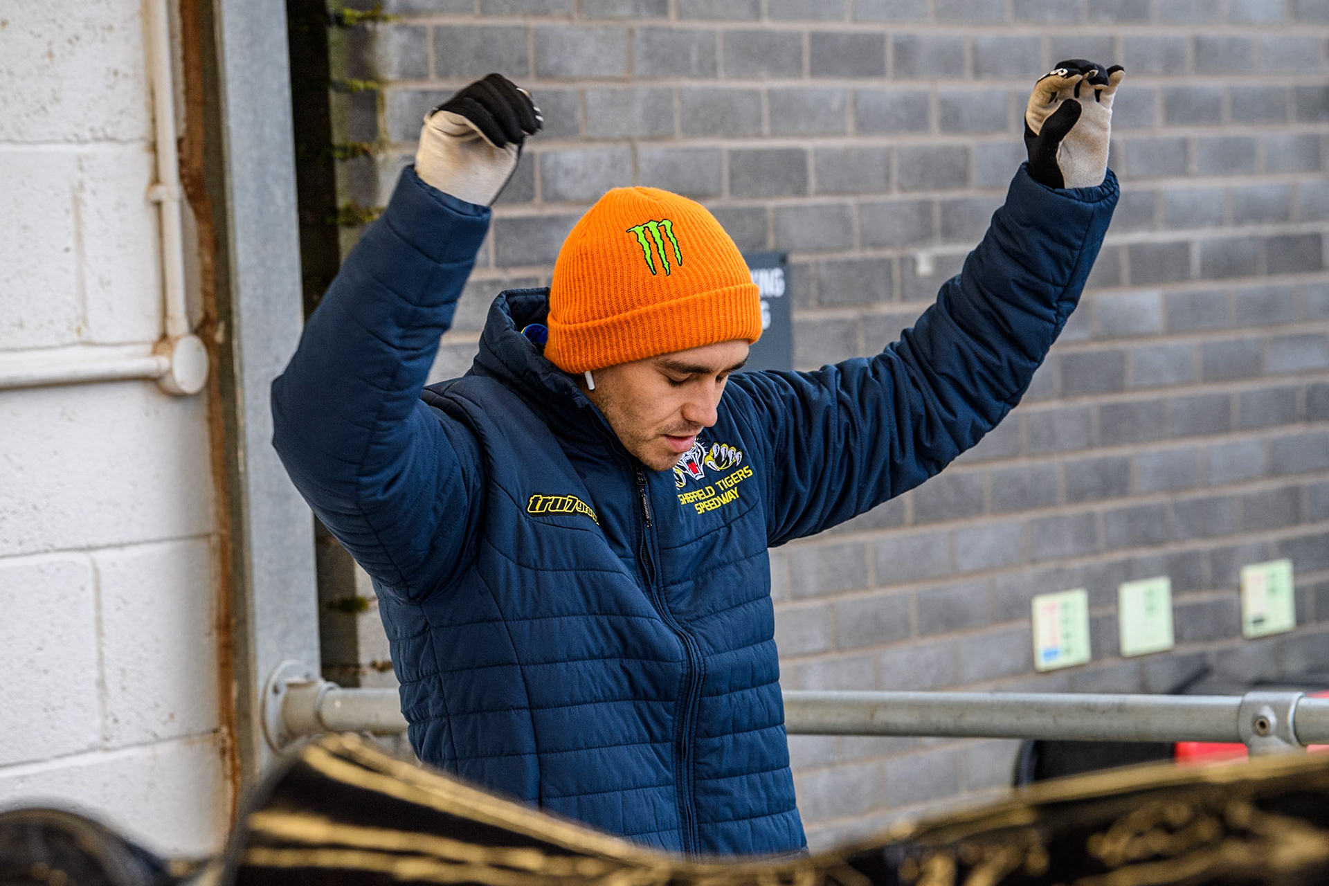 Sheffield Tigers' Jack Holder warms up during the Rowe Motor Oil Premiership KO Cup Quarter Final 1st Leg between Belle Vue Aces and Sheffield Tigers at the National Speedway Stadium, Manchester on Monday 1st April 2024. (Photo: Ian Charles | MI News)