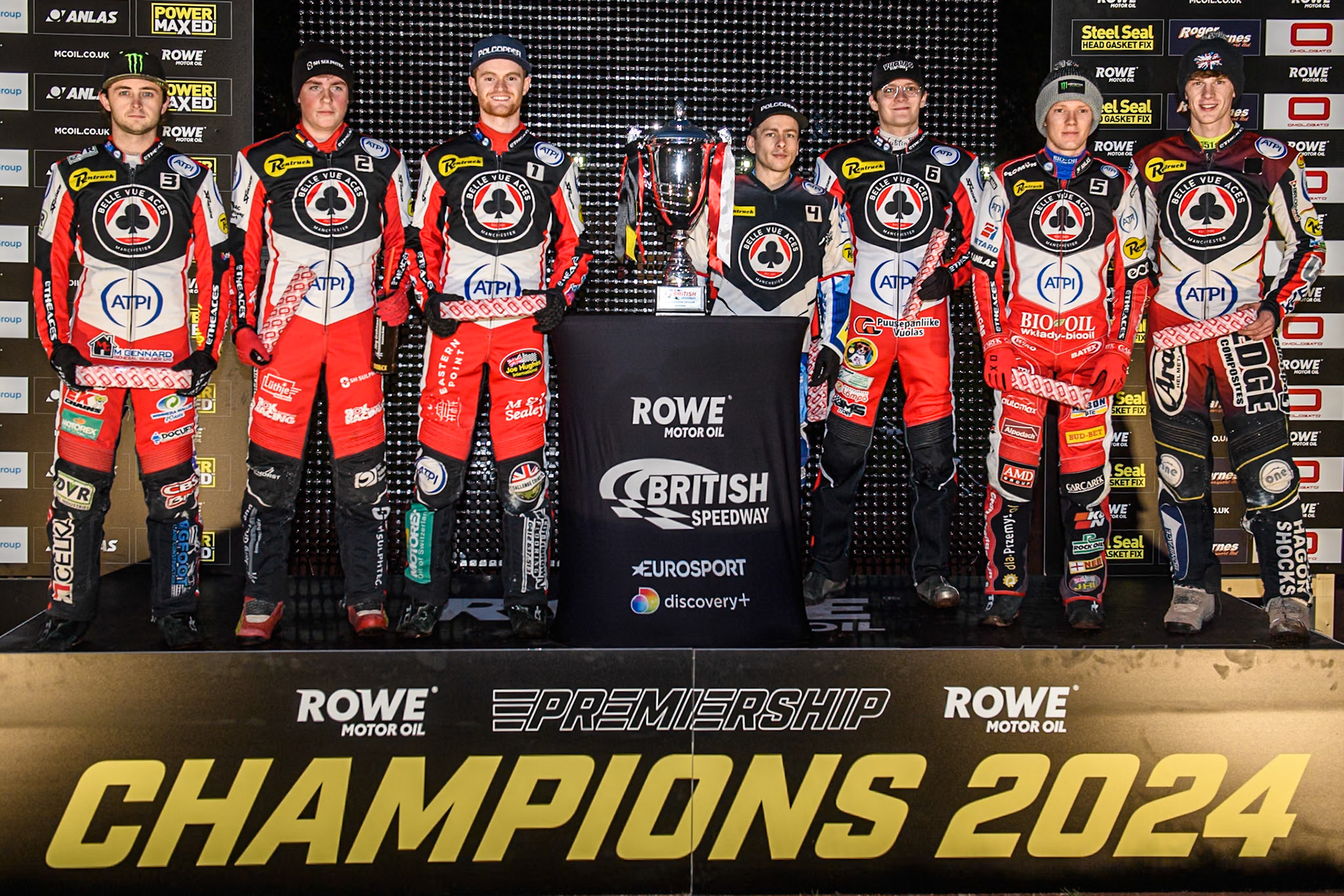 Belle Vue ATPI Aces (L to R) Belle Vue Aces' Jaimon Lidsey, \Belle Vue Aces' Norick Blodorn, Belle Vue Aces' Brady Kurtz, Belle Vue Aces' Ben Cook, Belle Vue Aces' Antti Vuolas, Belle Vue Aces' Dan Bewley, Belle Vue Aces' Jake Mulford during the Rowe Motor Oil Premiership Grand Final 2nd Leg between Leicester Lions and Belle Vue Aces at the Pidcock Motorcycles Arena, Leicester on Thursday 26th September 2024. (Photo: Ian Charles | MI News)