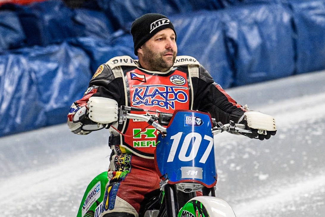Czech Republic's Andrej Diviš (107) during the FIM Ice Speedway Gladiators World Championship Final 1 at the Max-Aicher-Arena, Inzell on Saturday 23 March 2024. (Photo: Ian Charles | MI News)