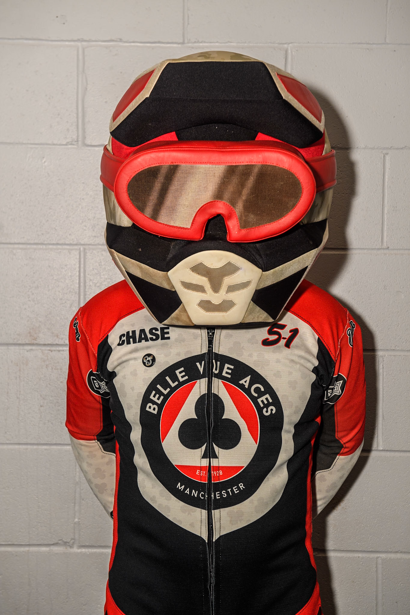 Chase The Ace - Belle Vue Aces mascot during the WSRA  National Development League match between Belle Vue Colts and Leicester Lion Cubs at the National Speedway Stadium, Manchester on Friday 29th March 2024. (Photo: Ian Charles | MI News)