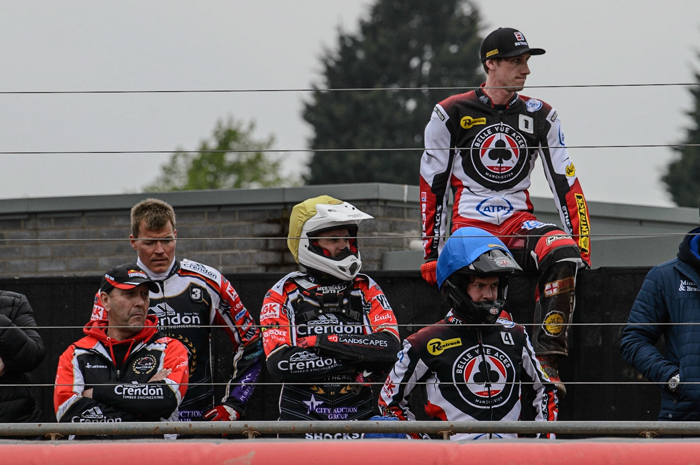 MANCHESTER, UK. MAY 2ND  (l-r) Rob Lyon, Ulrich Ostergaard , Hans Andersen  , Charles Wright, and Max Fricke  watch the racing during the SGB Premiership match between Belle Vue Aces and Peterborough at the National Speedway Stadium, Manchester on Monday 2nd May 2022. (Credit: Ian Charles | MI News)