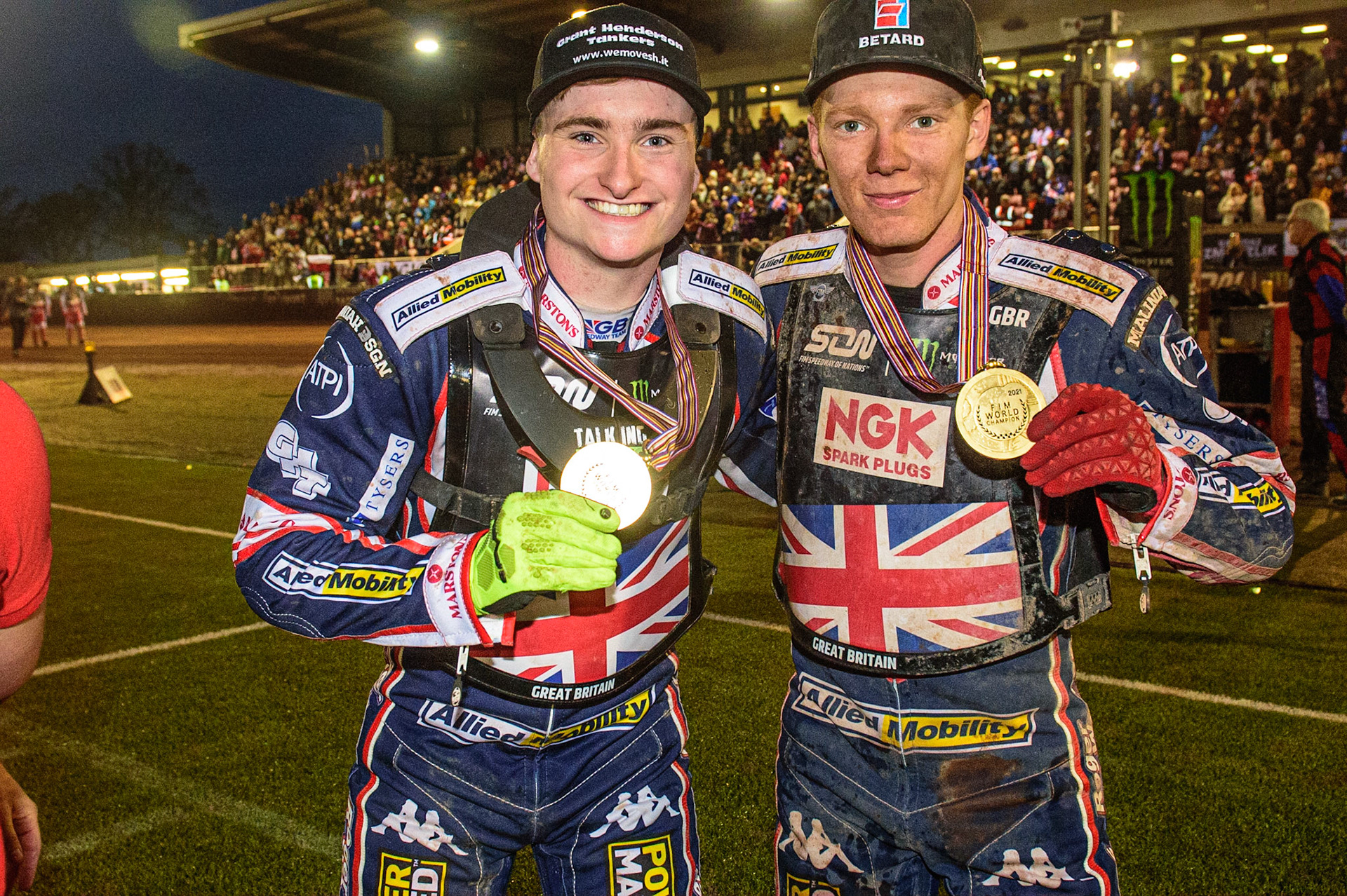 MANCHESTER, UK. OCT 17TH Belle Vue riders Tom Brennan (left) and Dan Bewley during the Monster Energy FIM Speedway of Nations at the National Speedway Stadium, Manchester on Sunday  17th October 2021. (Credit: Ian Charles | MI News)